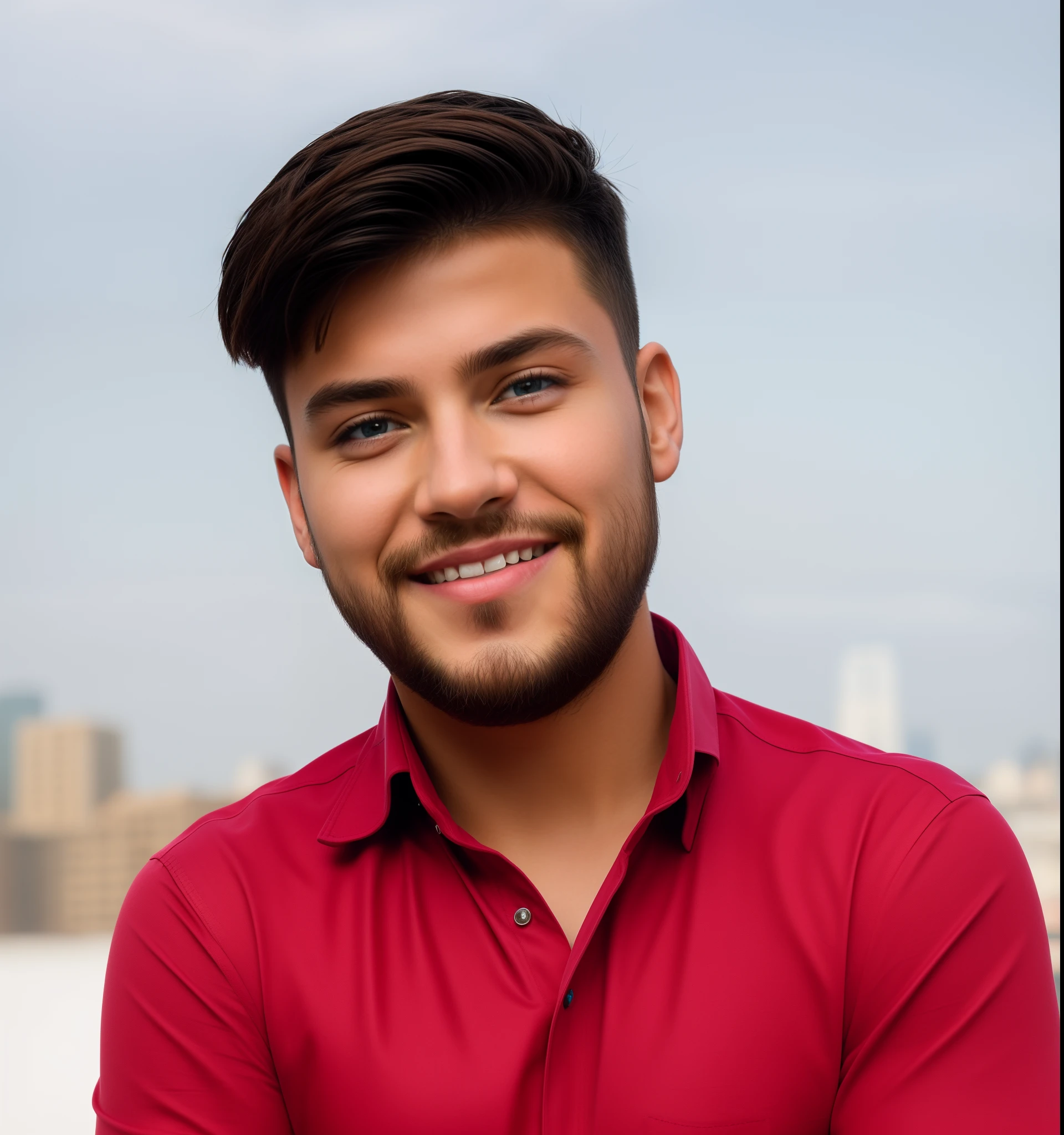 masterpiece, best quality, ultra-detailed),(1boy), blue eyes, short hair, brunette, dynamic angle, dynamic pose, natural lighting, floating, (colored top:1.2|black top), (tight skirt:1.2|leather pants:0.9), (silver bracelet:1.2|watch), (natural background:0.8| cityscape), (smiling:0.8| serious expression), (light in the hair), many drops of water:0.8
