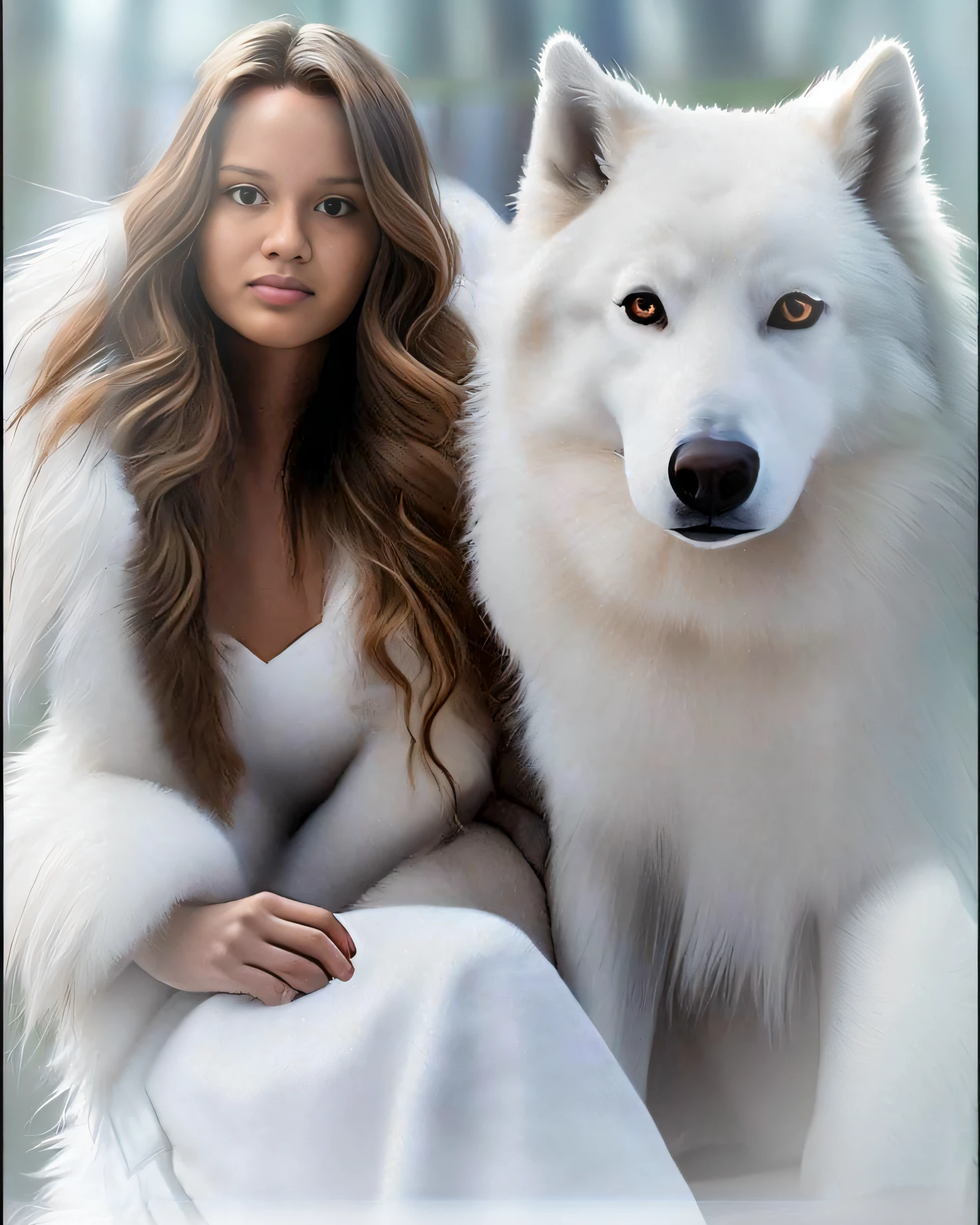 Arafed woman sitting next to a white dog with a white fur coat, lobo branco, wolfgirl, companheiro lobo, um lobo branco, Angiewolf, pelo branco e pele escura, female anthropomorphic wolf, mulher deslumbrante, lobo peludo, lobo como um humano, Lobos e seus tesouros, pele muito bonita, uma mulher bonita no branco, Wolp