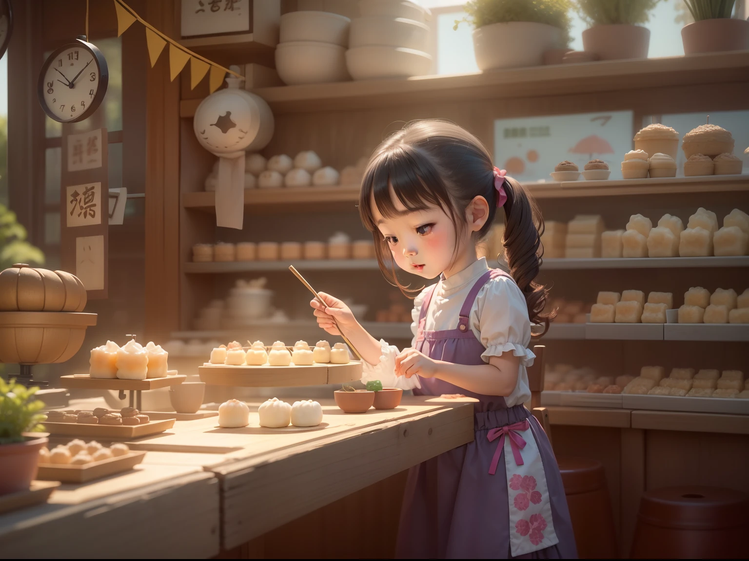 sweet, Dim sum store production dim sum, flower pots, desks, a chair, and the sun was shining brightly, the detail, 4K, k hd, high high quality