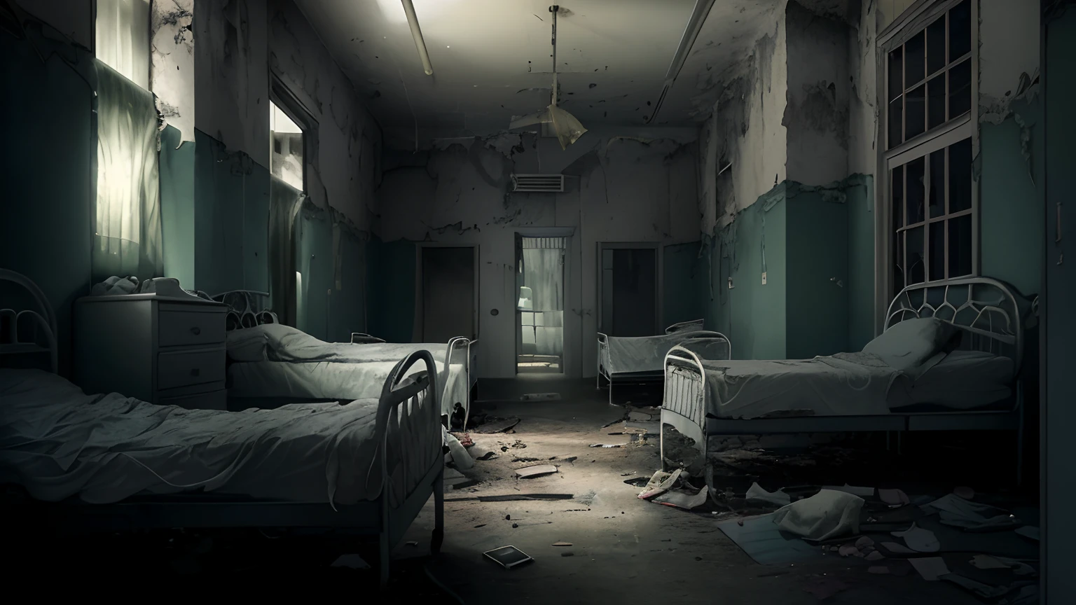 ((anime style:1.2)), there are many beds in a room with a ceiling fan, abandoned hospital room, in a decayed hospital room, inside a decayed hospital room, inside a decaying hospital room, abandoned hospital, interior abandoned hospital, abandoned asylum, room with eerie feeling, eerie room, hospital ward, haunted liminal abandoned room, inside an ornate hospital room, lunatic asylum