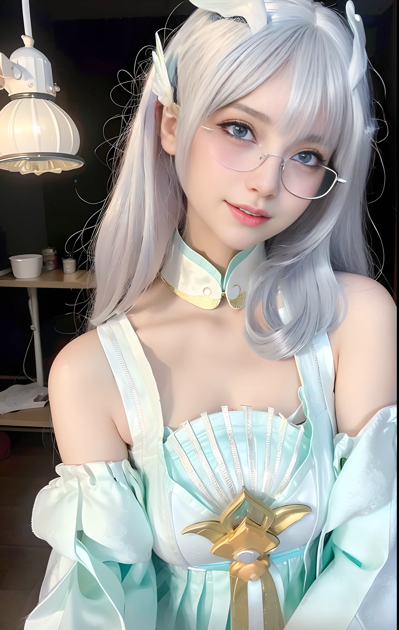(RAW photo:1.2),((Photorealistic:1.4)),((full bodyesbian)),((background bedroom)),Best quality ,Masterpiece, An extremely delicate and beautiful, Extremely detailed ,CG ,Unity ,8K wallpaper, Amazing, finedetail, Masterpiece,Best quality,offcial art,Extremely detailed Cg Unity 8K wallpaper,absurderes, unbelievable Ridiculous, hugefilesize, Ultra-detailed, A high resolution, Extremely detailed,Beautiful detailed girl, Extremely detailed eyes and face, Beautiful detailed eyes,light in face,Cinematic lighting,1girll,Lantern light, Depth of field,((wearing white glasses))