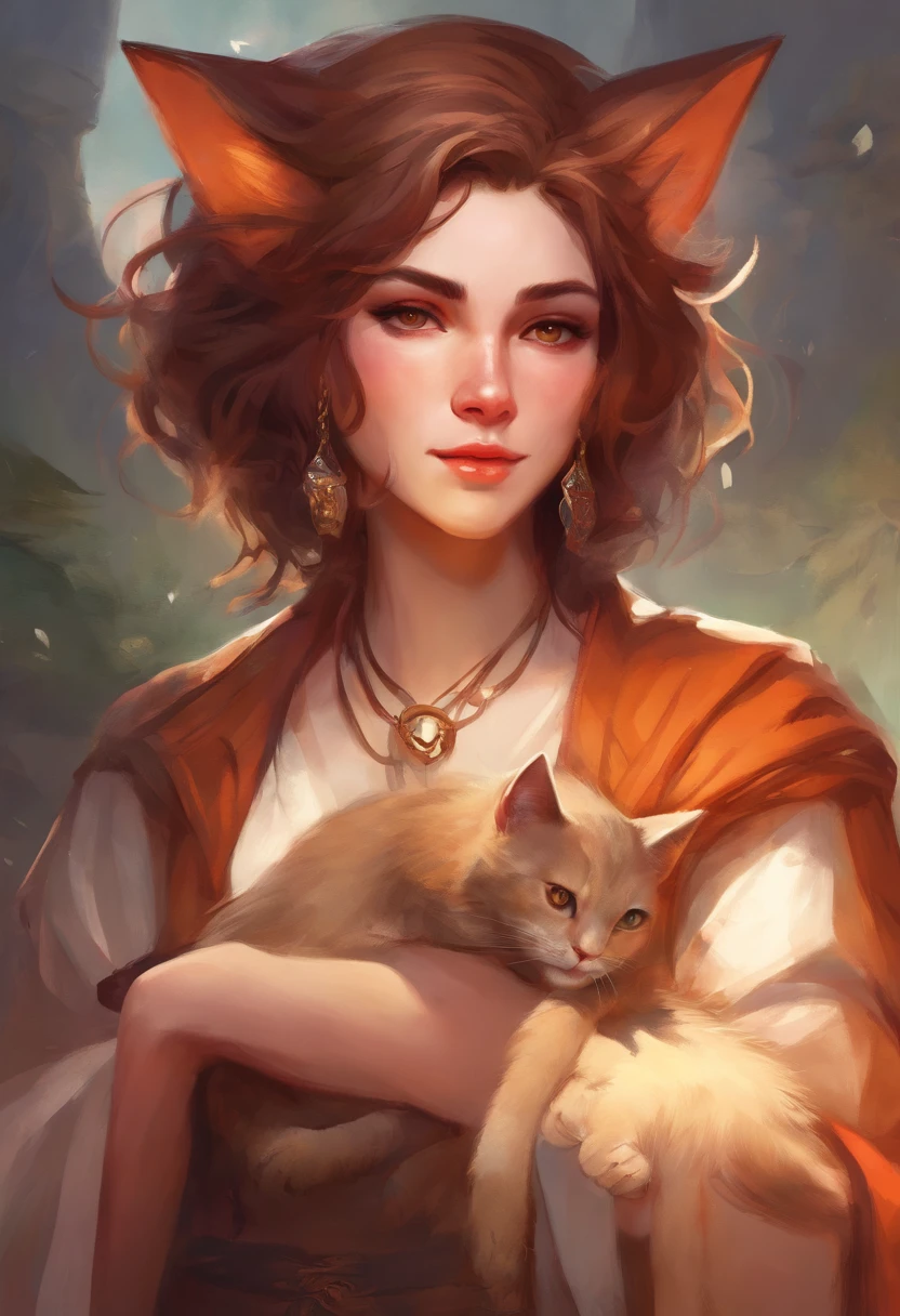 nonbinary, PERSON WITH CAT EARS, brown chin-length hair, reddish-orange eyes, slit eyes, 5'6, 107 lbs, fully clothed, leather traveler's clothes