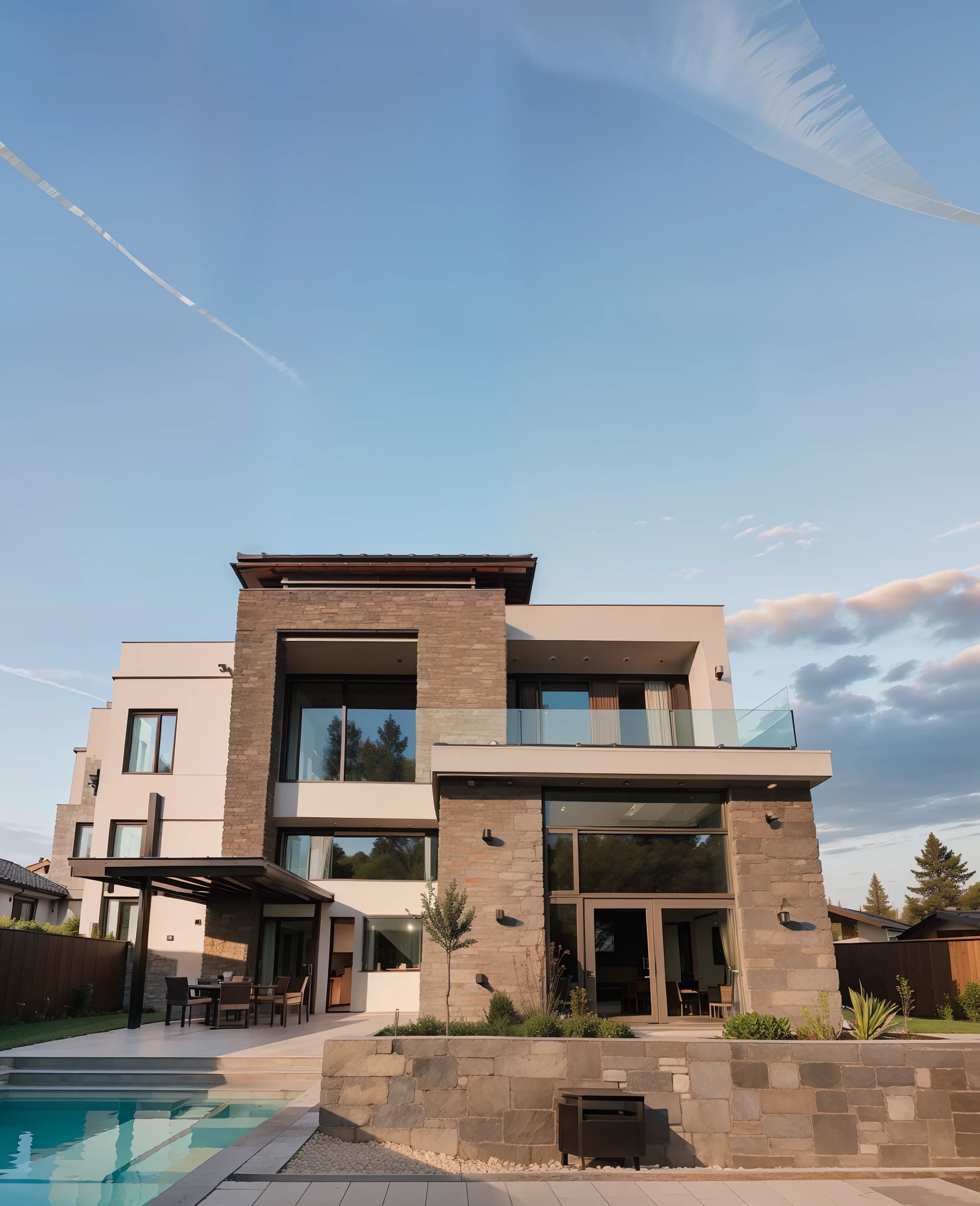 Modern villa with stone and glass panels, trees in front and back, Nordic style, cars, pool in pront