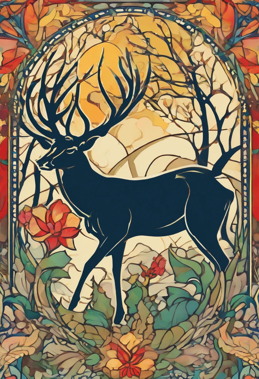 art by Wassily Kandinsky, detailed, sharp image, 8k, rim light, closeup,poster, hdr, intricate, christmas tree, star, gifts. Winter. Deer