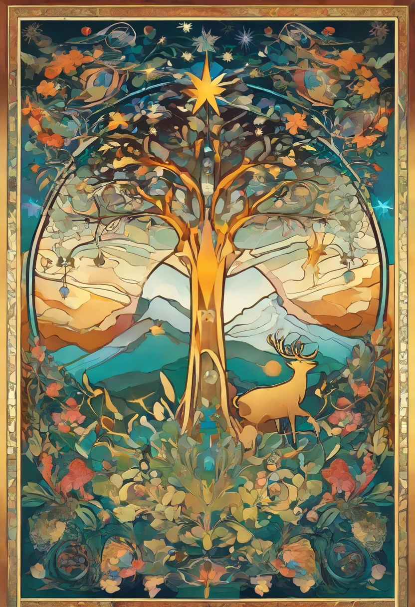 art by Wassily Kandinsky, detailed, sharp image, 8k, rim light, closeup,poster, hdr, intricate, christmas tree, star, gifts. Winter. Deer