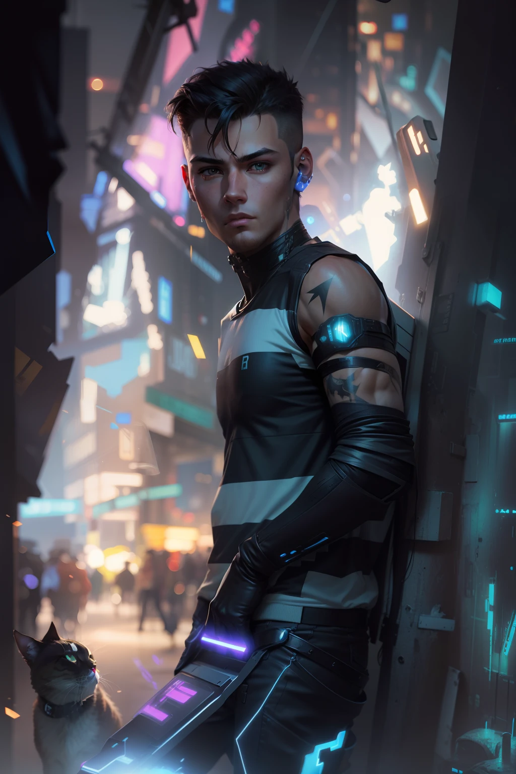 Cyberpunk handsome boy ultra realistic with cat --v 4
