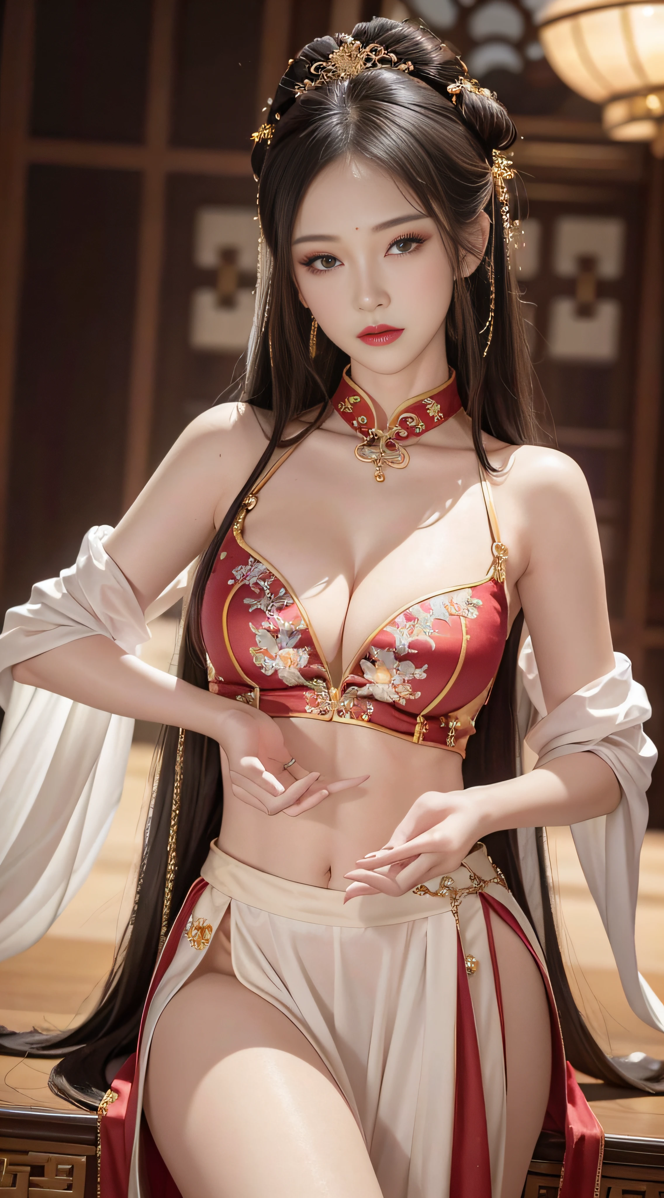 (From the outside) (shiny skins), many color,Best quality at best,tmasterpiece,photograph of-realistic,Complicated details,RAW photogr,Court,Gorgeous cheongsam,Extra-long hair,cropped shoulders,delicated face,Expose cleavage,decorations,Hide hands,(Realistic1.3)