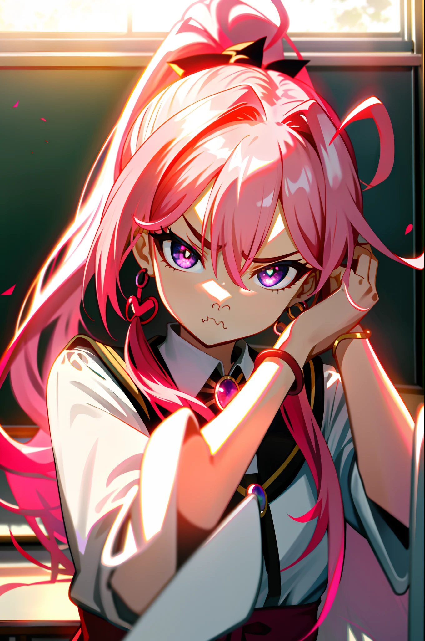 first person perspective，exquisite facial features，Seven-doppelganger shot，s the perfect face，Miss，(Kizi)，(pupils)，Gradient eye，Beautiful pupils，clench one's teeth，((Pout))，((Be red in the face))，(scowling)，long whitr hair，High ponytail，Hair between the eyes，(Heart-shaped dull hairs)，Bracelet，Hair rings，shairband，Bow hair ornament，brooch，(student clothes)，((Pinch your hair))，Hold the cheeks，((‎Classroom))，lense flares，Ambient lighting，Contour light，[Holding flowers]，Pink hair，(is shy)，(perplexed)，(Depressed)
