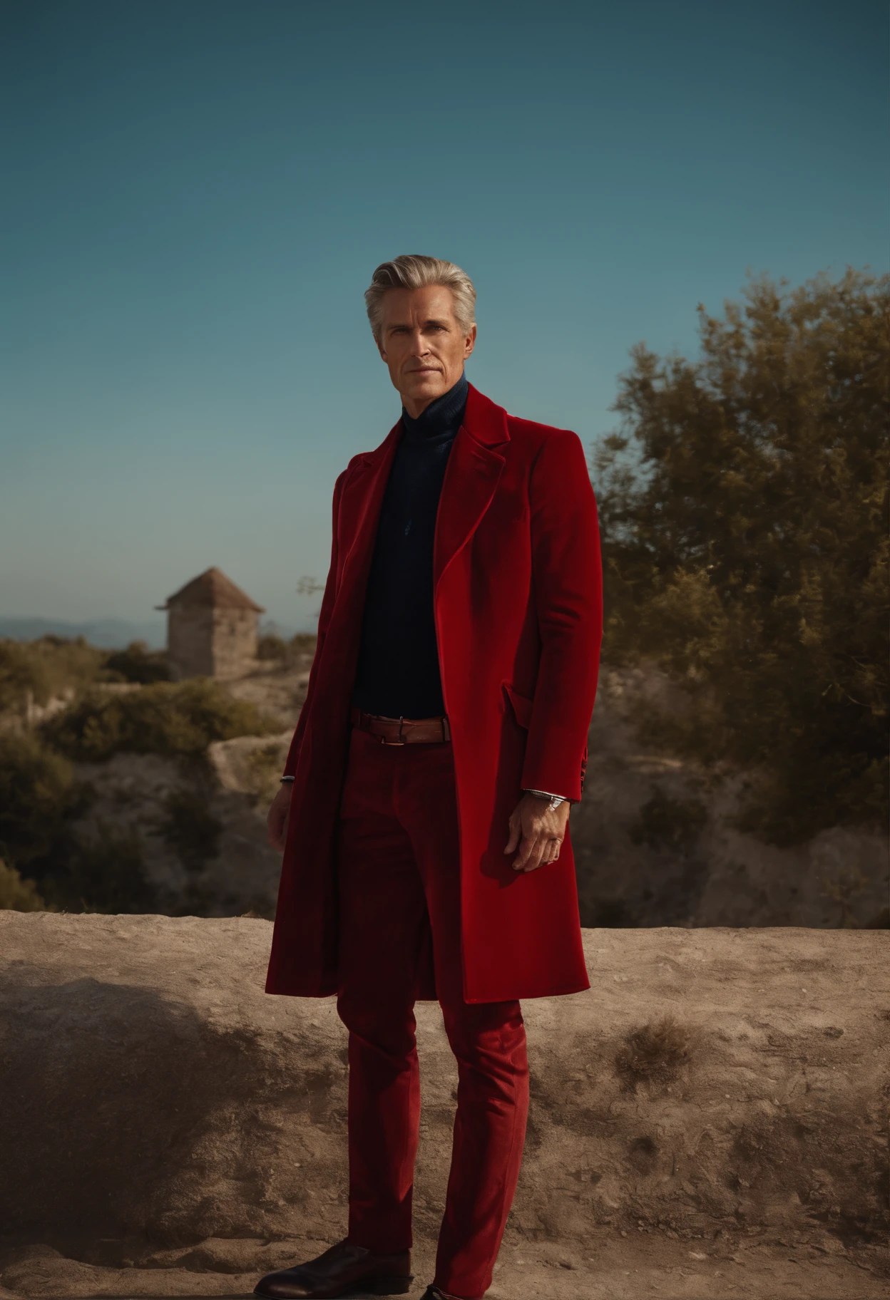 Un homme en rouge, Le style de Patrick Demarchelier. Dressed in a red velvet jacket and jeans , Grand et en forme, (40 ans:1.1), (shaven:1.2), (cheveux bruns courts :1.5),(very short hair:1.6). in the style of ethereal beauty, Realistic blue sky, Hasselblad 1600F, Hyperrealistic portrait, couleurs vives, Lignes dynamiques, lisse et poli .