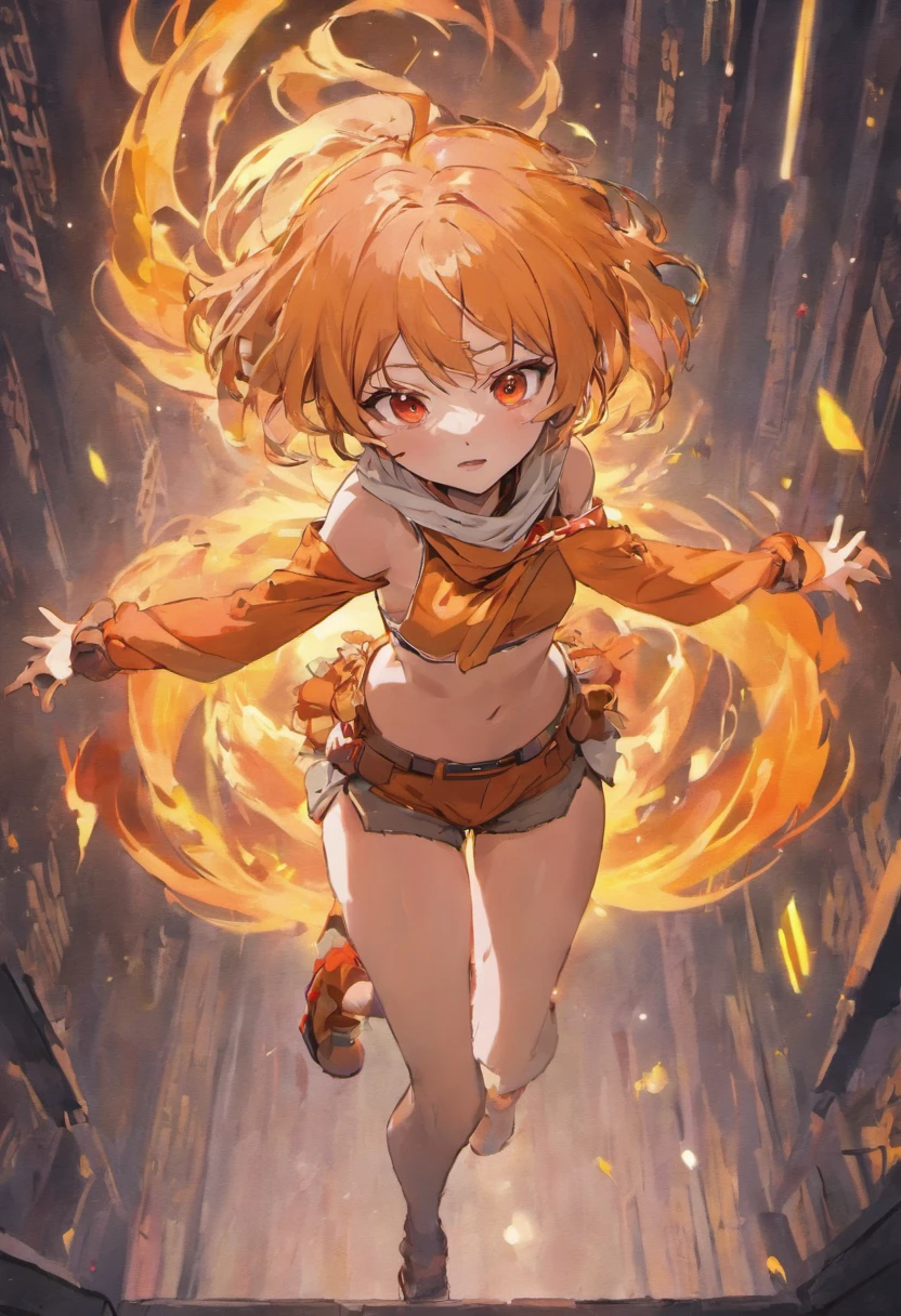white heard anime girl, orange scarf, crop top, booty shorts, thigh highs, red eyes