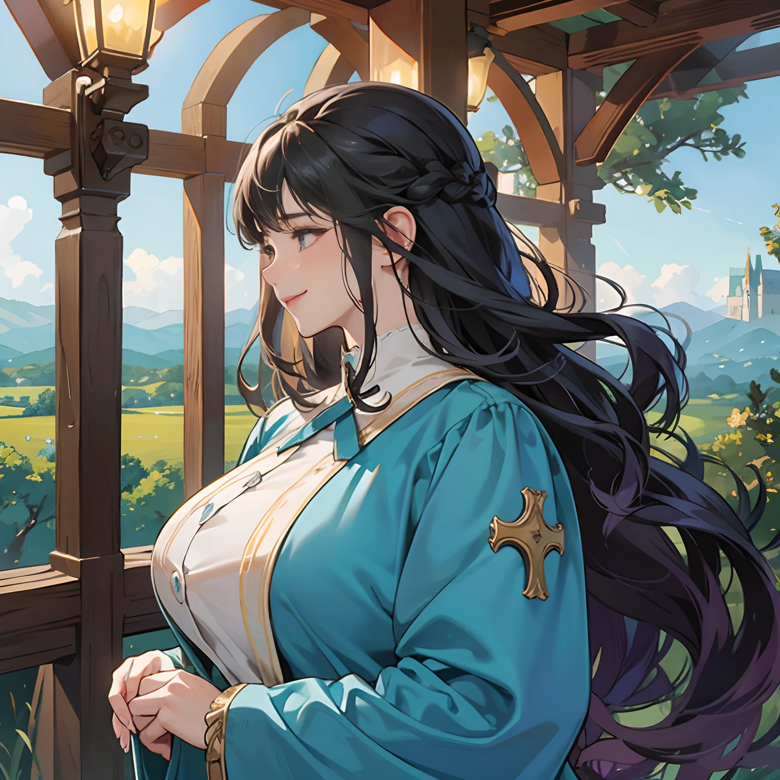 Women in Their 20s、fantasy worlds、offcial art, unity 8k wall paper, ultra-detailliert, beautifly、Aesthetic, masterpiece, top-quality, Photorealsitic、detailed costume、depth of fields, Fantastic atmosphere, Calm palette, tranquil mood, Soft shading、Gentle expression、bbw、plump figure、Soft skin、very large breast、Happy smile、Clergy girl:1.5、Cultivated woman、Dark blue clothes with cross design:1.5、Blue Ribbon、Hold long cross-stuff:2.0、Braids、gazing into distance、Clear skies、Steppe road、You can see the forest in the distance、Castle on a distant mountain