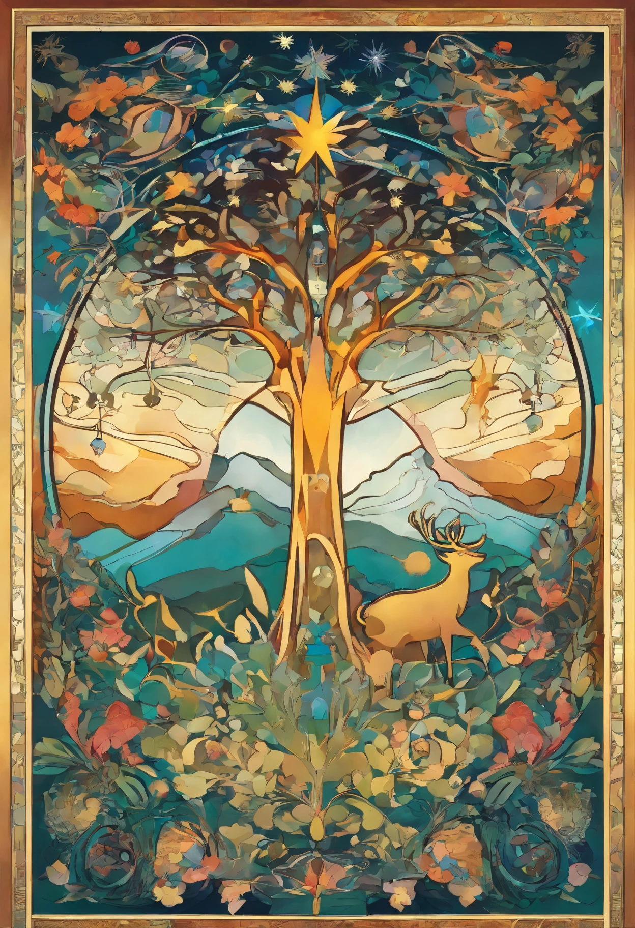 art by Wassily Kandinsky, detailed, sharp image, 8k, rim light, closeup,poster, hdr, intricate, christmas tree, star, gifts. Winter. Deer