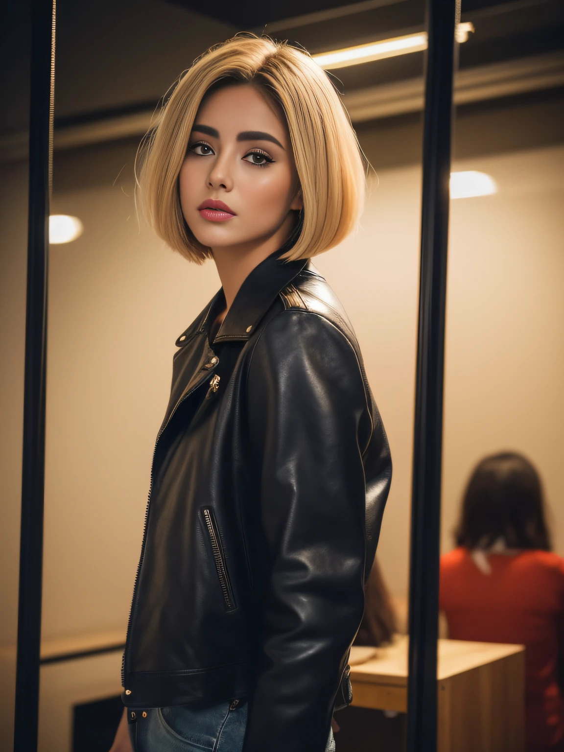 ((Realistic lighting, Best quality, 8K, Masterpiece: 1.3)), Clear focus: 1.2, 2girl, Perfect Figure: 1.4, , ((short blonde bob hair)), ( black skinny jeans, a vintage band tee, a leather biker jacket: 1.4), Super fine face, Fine eyes, Double eyelids, woman is posing for the camera while she is standing next to a mannequin, inspired by Gina Pellón, Instagram, tachisme, violet myers, lorena avarez, olivia culpo, alanis guillen, looks like laura barriales,  sophie mudd, tanned ameera al taweel, beautiful Iranian woman,full body portrait