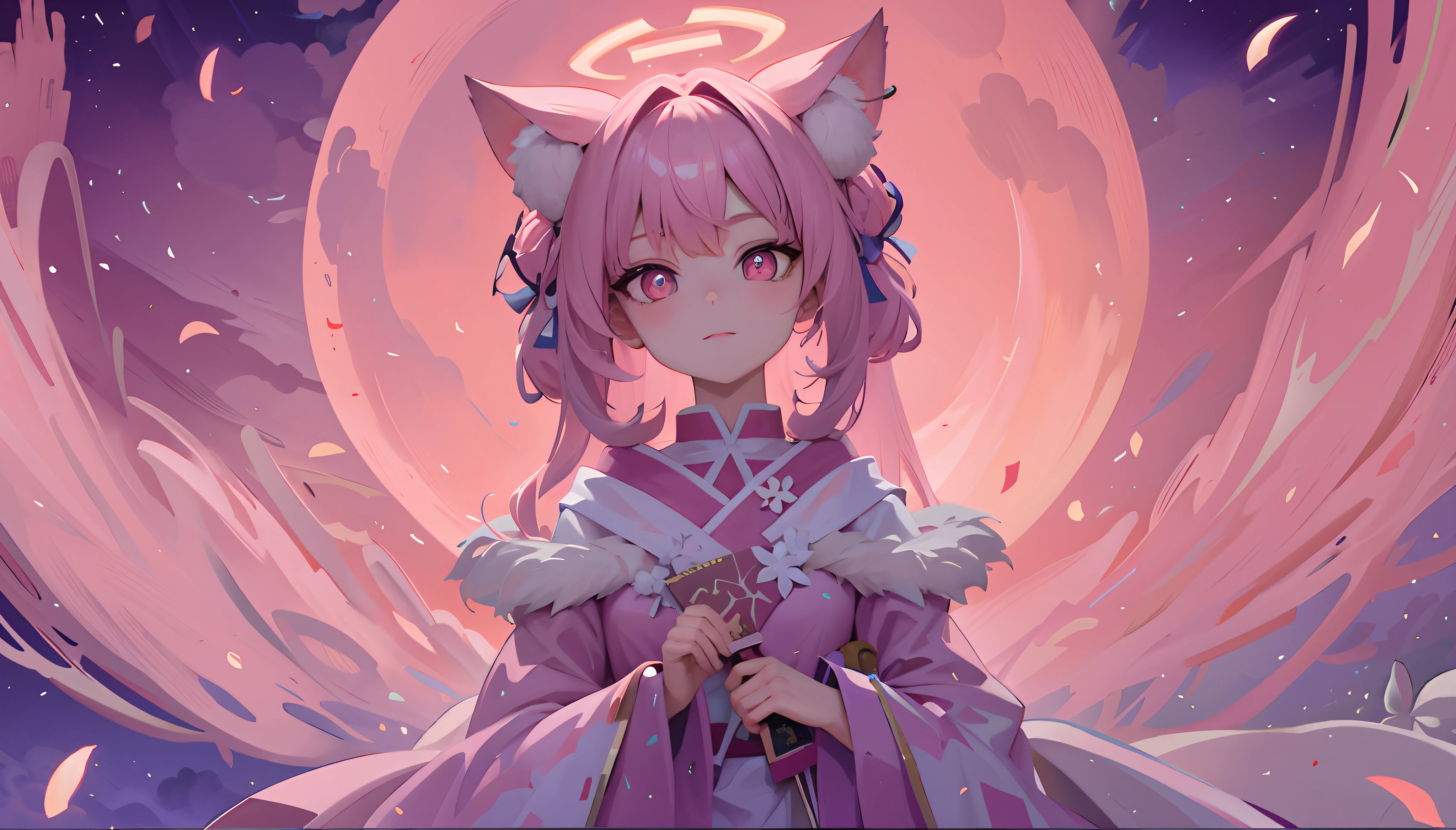 Pink fox anthropomorphism，Hold the scroll with one hand，Straight roll，Fully symmetrical scrolls，Natural fingers，Facing the lens，night sky background，Huge bright moon，Gorgeous costumes，long eyelasher，Pupillary details，Huge pupils，Symmetrical pupils，Pupil highlight，detail-rich，Full map sharpening，Shooting stars cross the night sky，16k，angelic halo