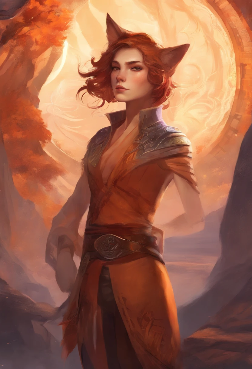 nonbinary gendered, PERSON WITH CAT EARS, dnd style, brown chin-length hair, reddish-orange eyes, slit eyes, 5'6, 107 lbs, fully clothed, leather traveler's clothes