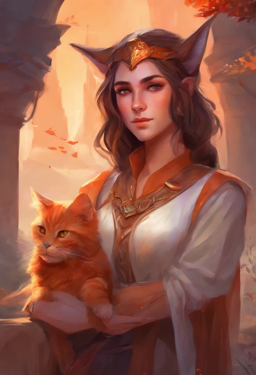 nonbinary gendered, PERSON WITH CAT EARS, dnd style, brown chin-length hair, reddish-orange eyes, slit eyes, 5'6, 107 lbs, fully clothed, leather traveler's clothes