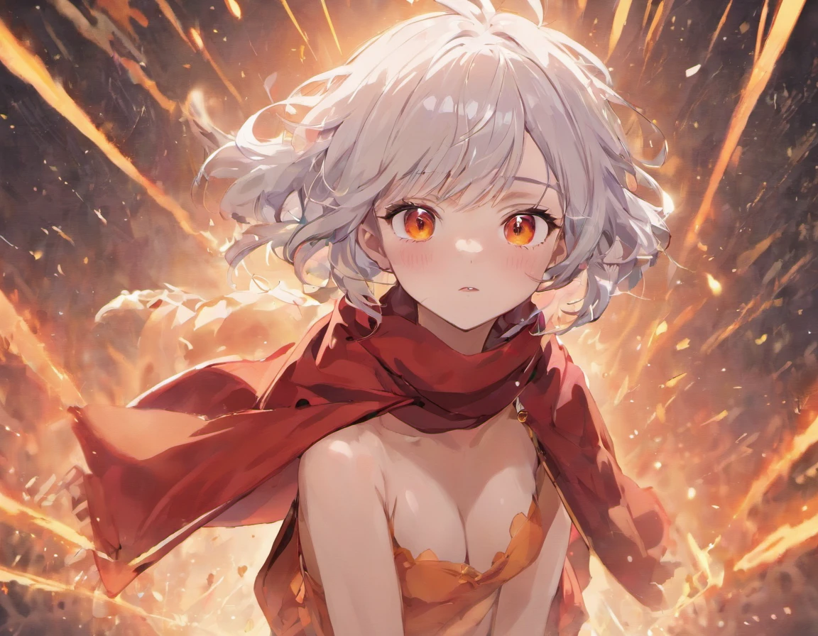 (best quality,highres,masterpiece:1.2),ultra-detailed,realistic,white-haired anime girl,red eyes,orange scarf,crop top,booty shorts,thigh highs,vivid colors,sharp focus,portraits,studio lighting