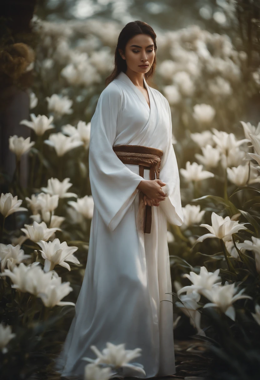 tiger,A woman in a beautiful oriental white monk's robe with a beautiful body, blue eyess, Woman surrounded by white lilies