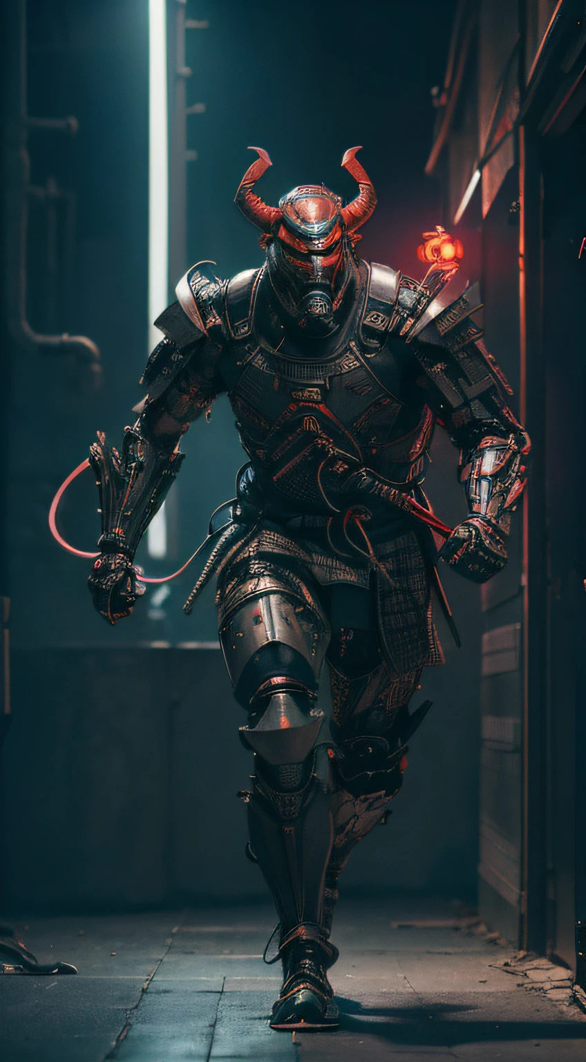 ((Full camera framing)), A cybernetic samurai monster in a dystopian setting, ((cuerpo completo)), ((armadura roja)), ((cuerpo muy musculado)), ((Cybernetic footwear with neon lights)), ((dragon head)), ((face covered with cybernetic mask)), ((cuerpo completo)), ((Attack position)), ((Run to the chamber with your sword raised)), cuerpo de gran envergadura, illustration by Hiroshi Tanaka, Fusing traditional samurai elements with advanced technology, Glowing eyes with cybernetic implants, hi-tech armour, Katana futurista, Neon and smoke on set (La mejor calidad), (8K resolution), (Ultra Highres)