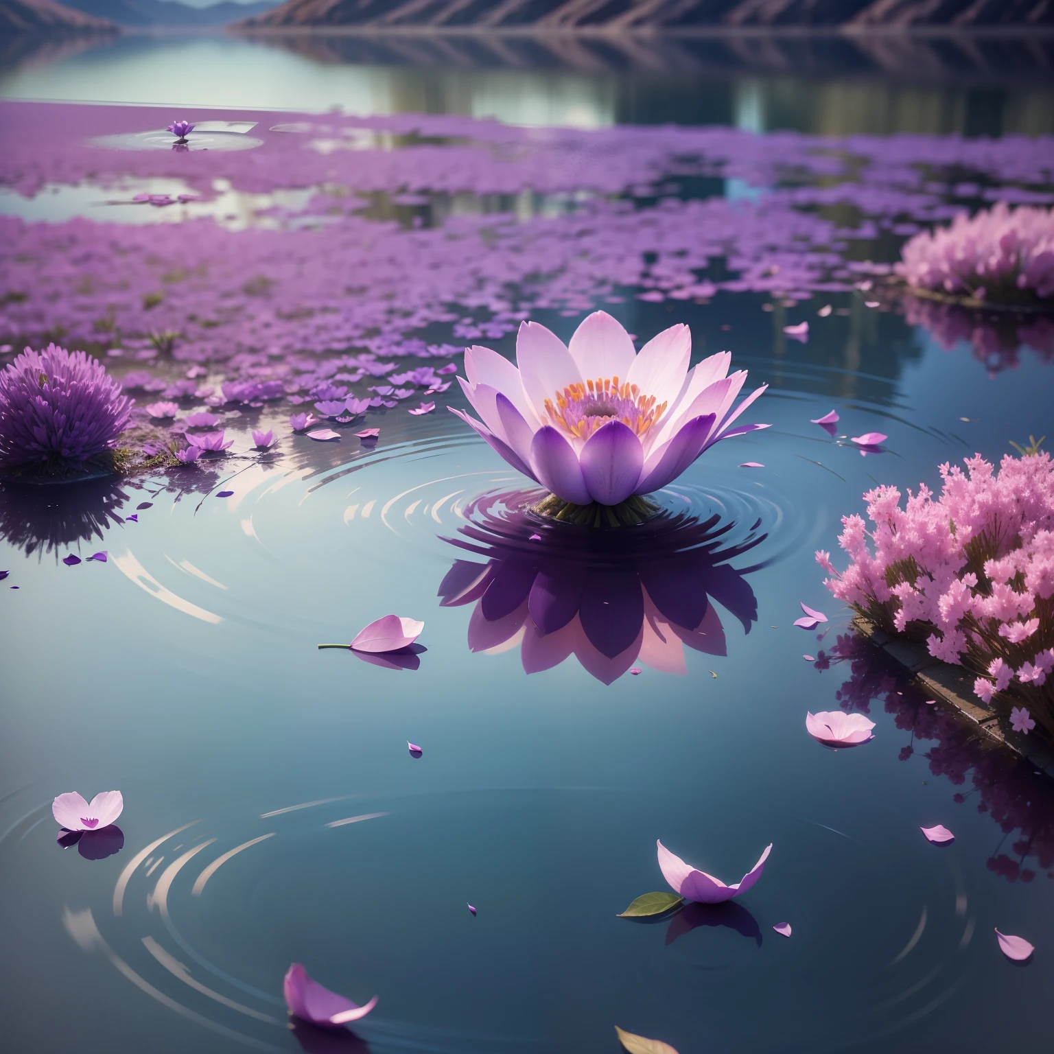 Close-up of purple flower petals floating in a lake of a tranquil lake