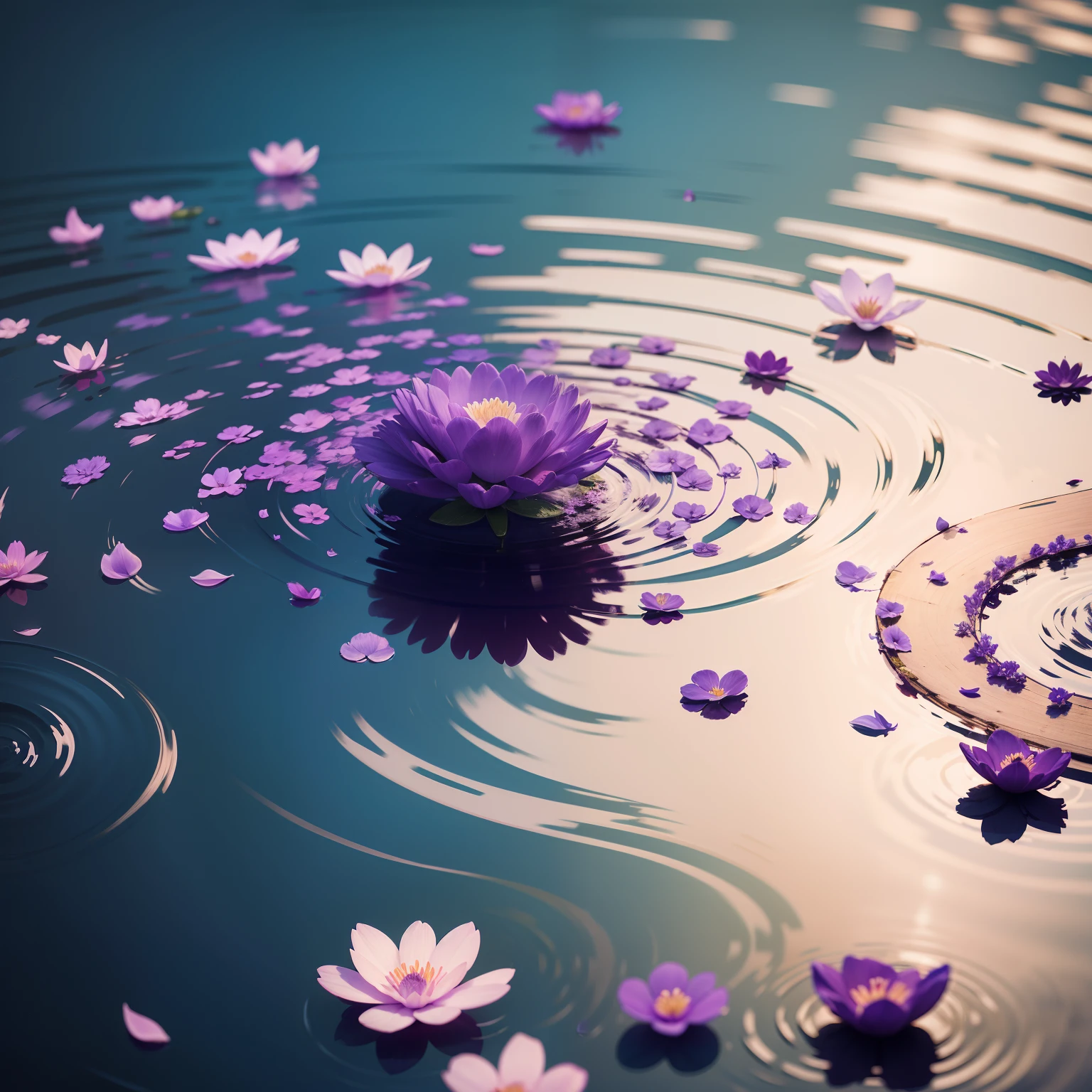 Close-up of purple flower petals floating in a lake of a tranquil lake