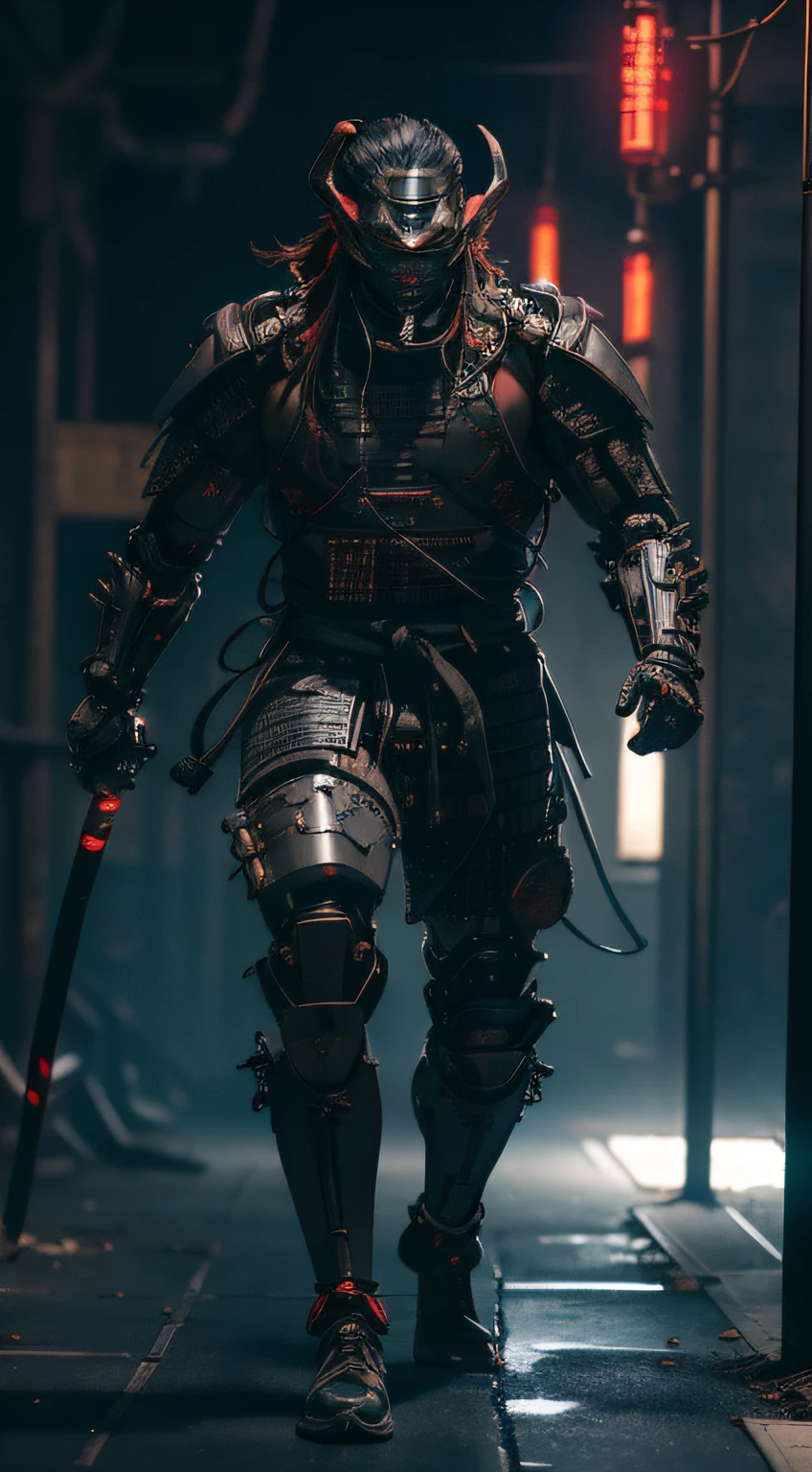 Full camera framing, A cybernetic samurai monster in a dystopian setting, ((cuerpo completo)), ((armadura roja)), ((cuerpo muy musculado)), ((Cybernetic footwear with Noon lights)), ((dragon head)), ((face covered with cybernetic mask)), ((cuerpo completo)), ((Attack position)), ((Run to the chamber with your sword raised)), cuerpo de gran envergadura, illustration by Hiroshi Tanaka, Fusing traditional samurai elements with advanced technology, Bright eyes with cybernetic implants, hi-tech armour, Katana futurista, Neon and smoke on set (La mejor calidad), (8K resolution), (Ultra Highres)