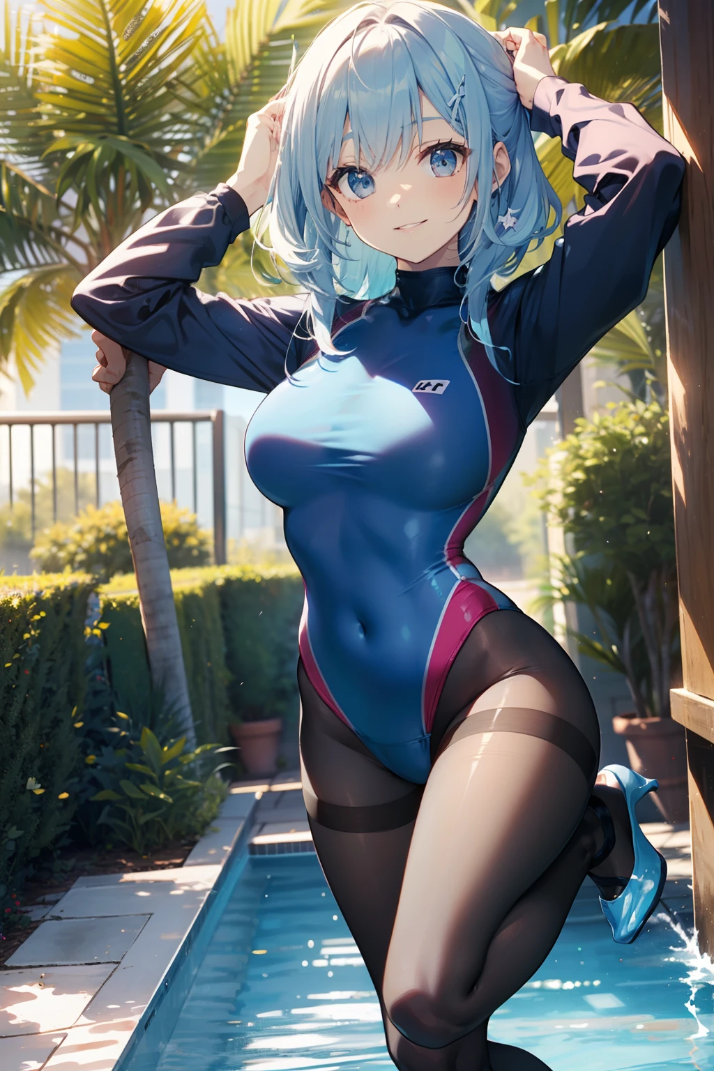 top-quality、Full limbs、complete fingers、Slender beauty、straight haired、Light blue hair、long、(Light Blue High Neck Long Sleeve Competitive Swimsuit:1.3)、The sleeve is also made of the same material as the swimsuit、(Brown pantyhose:1.3)、Light blue mini skirt、Light blue high heels、Beautiful Large Breasts、lawn、The tree々Surrounded by、Jump with your knees bent、A big smile、Right hand extended upwards