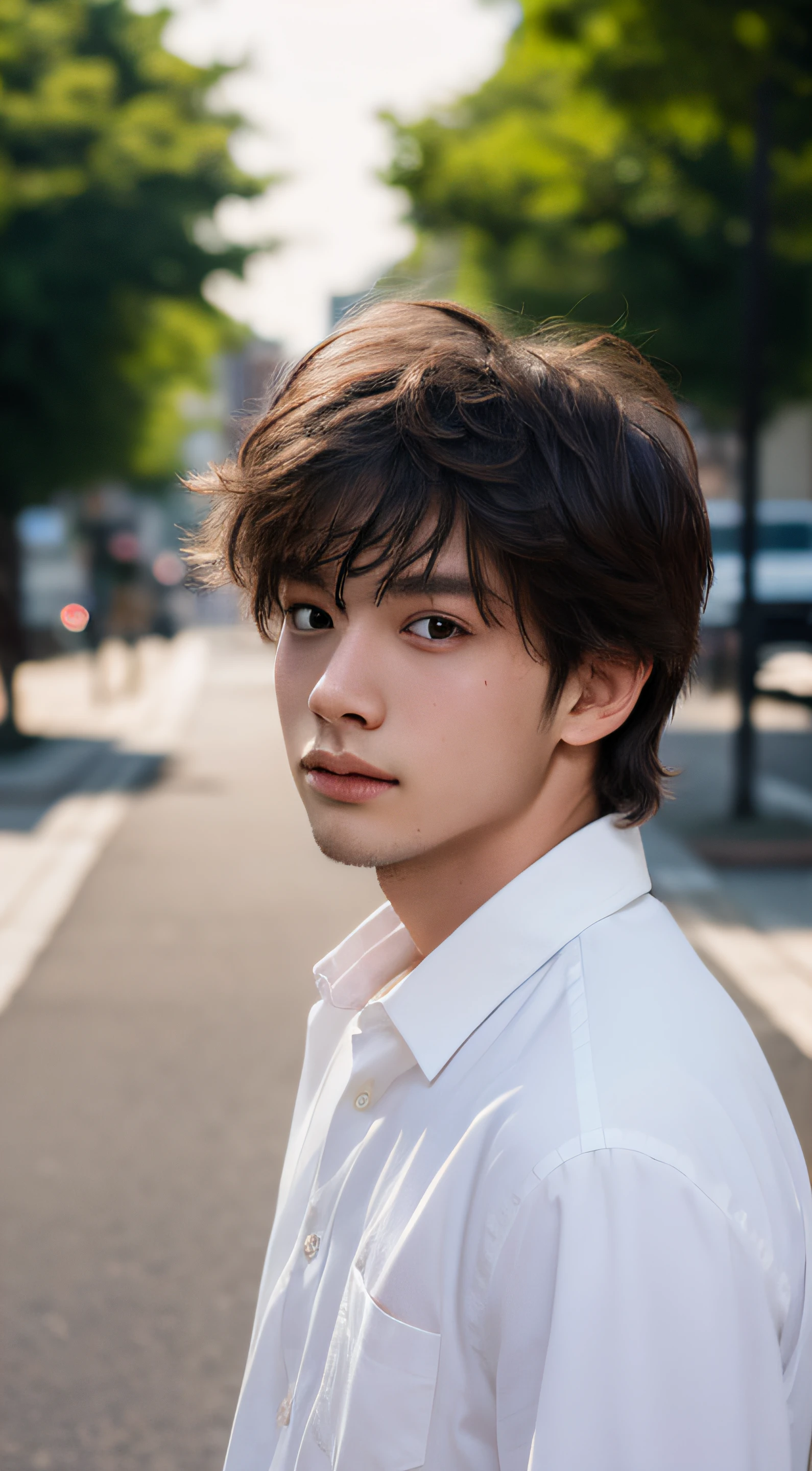 Raw photography, 1boy, Male Focus, Young man in white shirt, hair messy, Looking at Viewer, in a street, Beautiful lighting, deepshadow, Best Quality, masutepiece, Ultra-high resolution, Photorealsitic, Blurry background、japanes