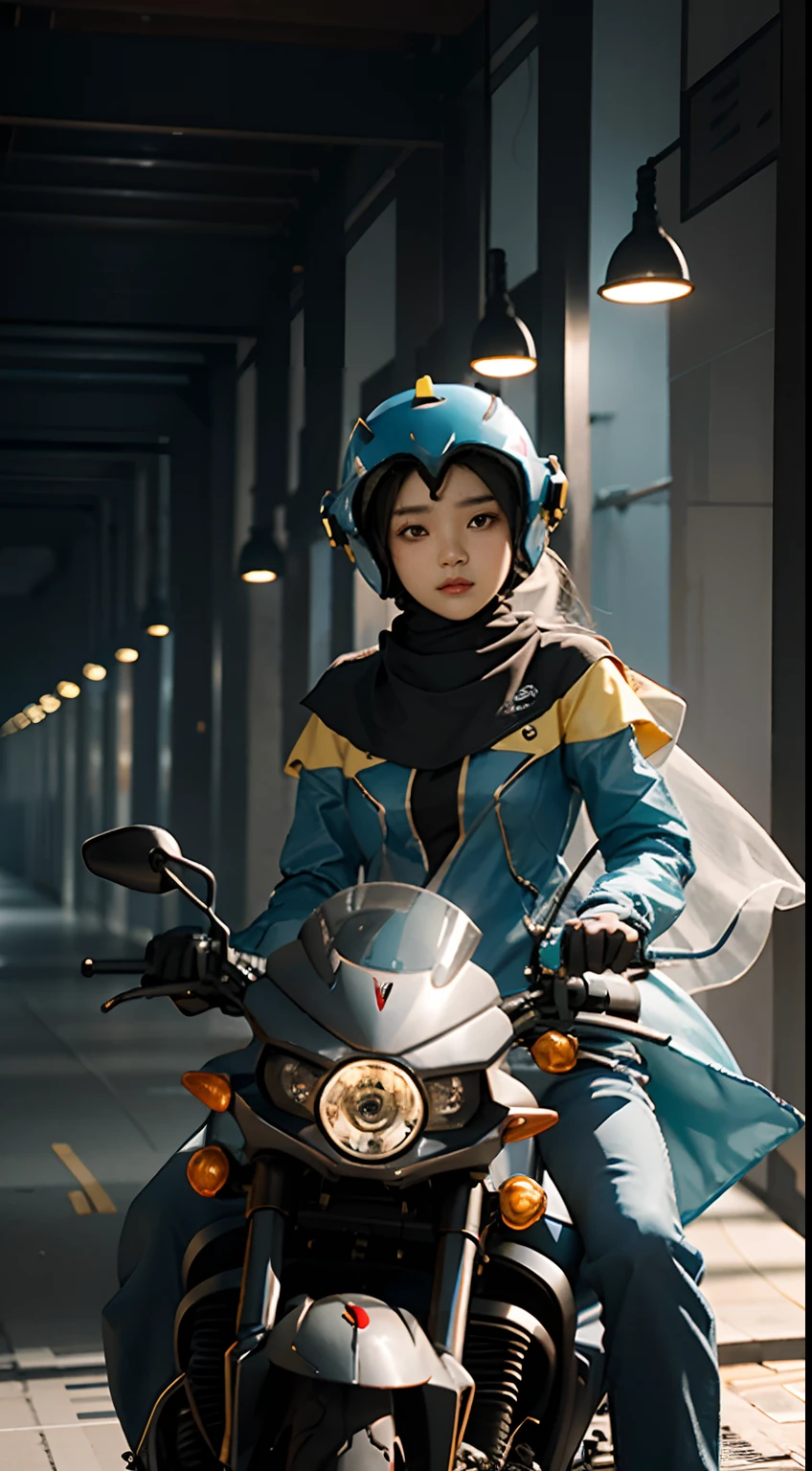 Highest quality, outstanding details, ultra-high resolution, (fidelity: 1.4), the best illustration, favor details, highly condensed 1 malay girl in hijab, with a delicate and beautiful face, dressed in a colorful mecha, wearing a mecha helmet, holding a direction controller, riding on a motorcycle, the background is a high-tech lighting scene of the future city.