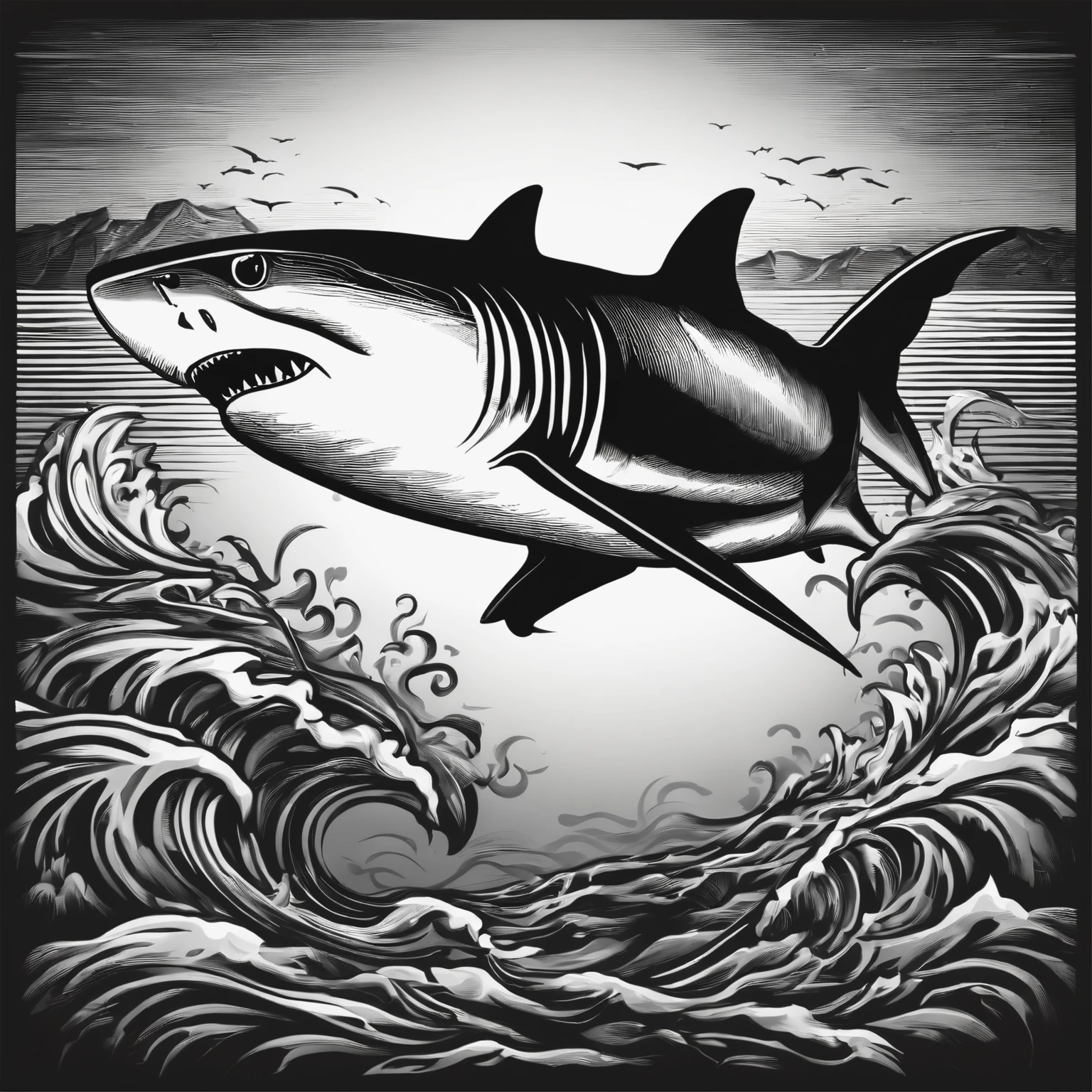 2d vector logo shark black and white