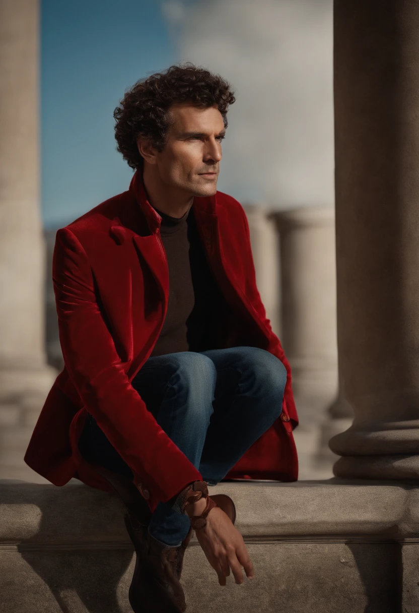 Un homme en rouge, Le style de Patrick Demarchelier. Dressed in a red velvet jacket and jeans , Grand et en forme, (40 ans:1.1), (shaven:1.2), (cheveux bruns courts :1.5),(very short curly hair:1.6). in the style of ethereal beauty, Realistic blue sky, Hasselblad 1600F, Hyperrealistic portrait, couleurs vives, Lignes dynamiques, lisse et poli .