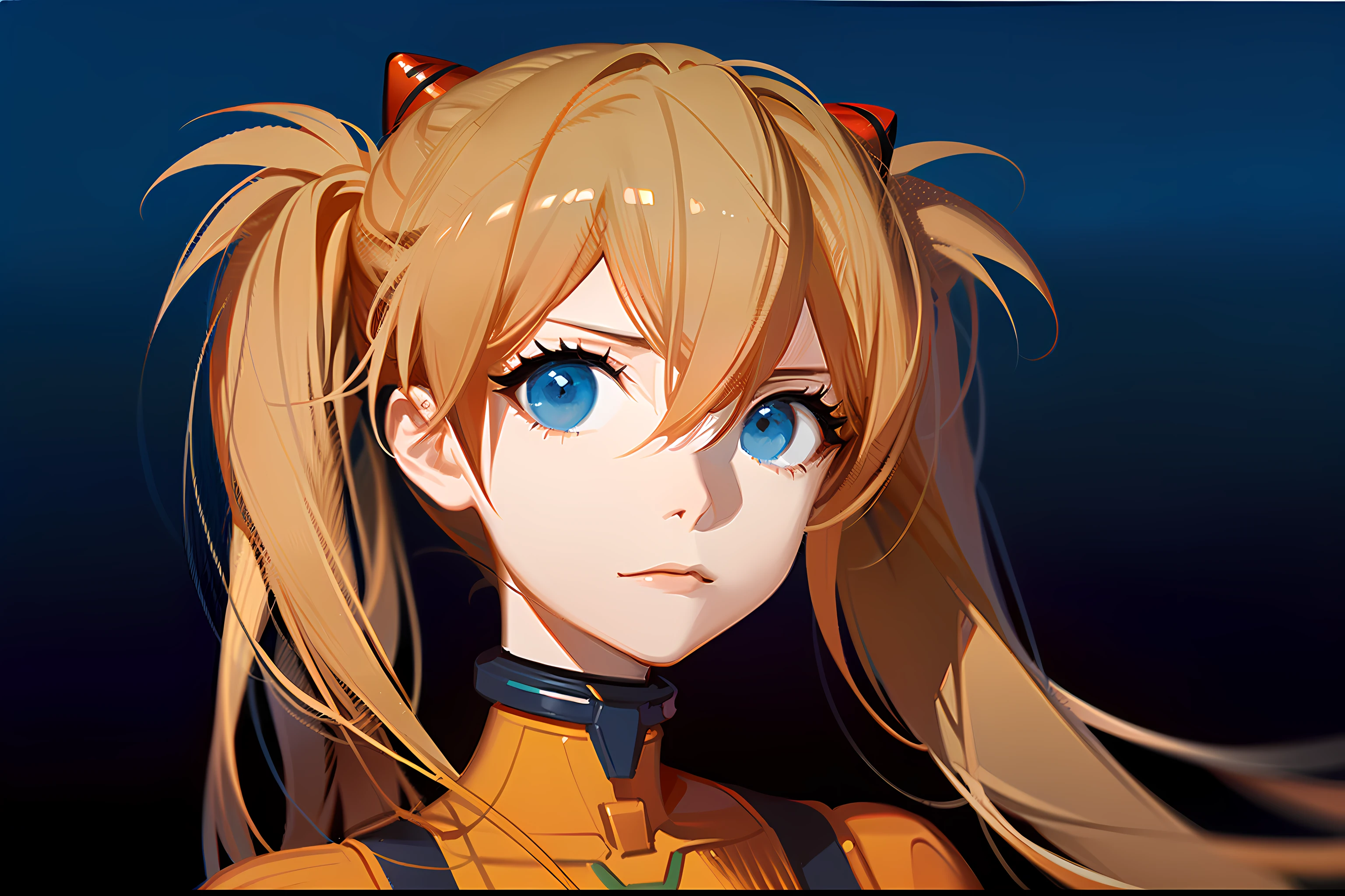 best quality, masterpiece, by ask, 1girl, blue eyes, solo, long hair, souryuu asuka langley, looking at viewer, gradient background, gradient, orange hair, upper body, bangs, hair ornament, hair between eyes