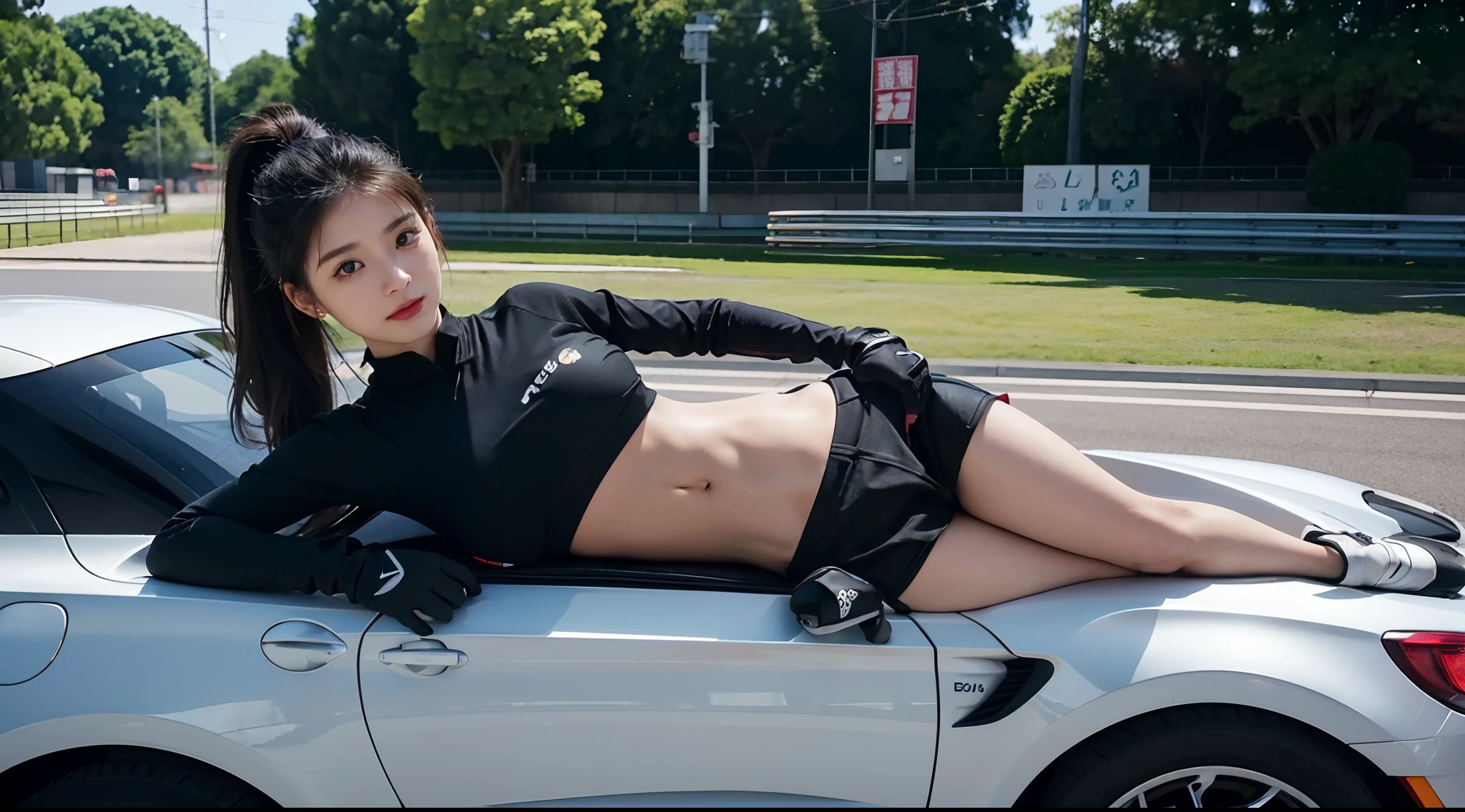 Top quality, 超高分辨率, (Photorealistic: 1.4), (black color hair: 1.3), (azur lane\), One girl, (Kpop idol), watch audience, Detailed face, contrappost, Smooth skin, Ideal for anatomical professional lighting, futuristic fashion, Street attire, high-tech fabrics, Racing Wear, fireproof material, elbow and knee pads, Racing gloves, Personalized embroidery, Sports car background, pit, Miniskirt, Belly button, Suzuka circuit, The track went straight home, Race track, International Circuit, Super GT,((showing belly:1.5)),ssmile,(Huge breasts,Bare thighs,Bare arms)),((High ponytail hair,15-year-old beautiful girl)),Sit on the hood of your car or stand next to your car.