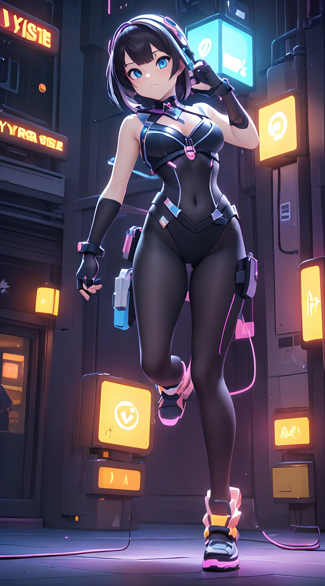 (Dynamic Angle:1.4), ((Full body posing:1.5), (Colorful:1.2), (Highly detailed CG Unity 16K wallpaper:1.1), (Denoising strength: 1.45), (tmasterpiece:1.37), ((Official art)), of the highest quality, (Realistic), Cyber Girl, 2 head body,Deformed Character,cute expression, (Short-cut hair:1.2),(Black Cyberware:1.5),Black hair,Glowing eyes,(blue eyess:1.2),((Poses in motion:1.4)),((dynamicposes:1.3)),wires, (LED:1.3), (a hologram:1.2), futuristic city street, Neon light, Skyscrapers, (Night:1.2), (Rainbow Model:1.2), 8K resolution, (Anime style:1.3), Cinematic lighting, chromatic abberation, spark of light, Ray tracing, blending, ultra wide-angle,  Hasselblad, (masutepiece), (masutepiece), ((Best Quality)), ((masutepiece)), nffsw