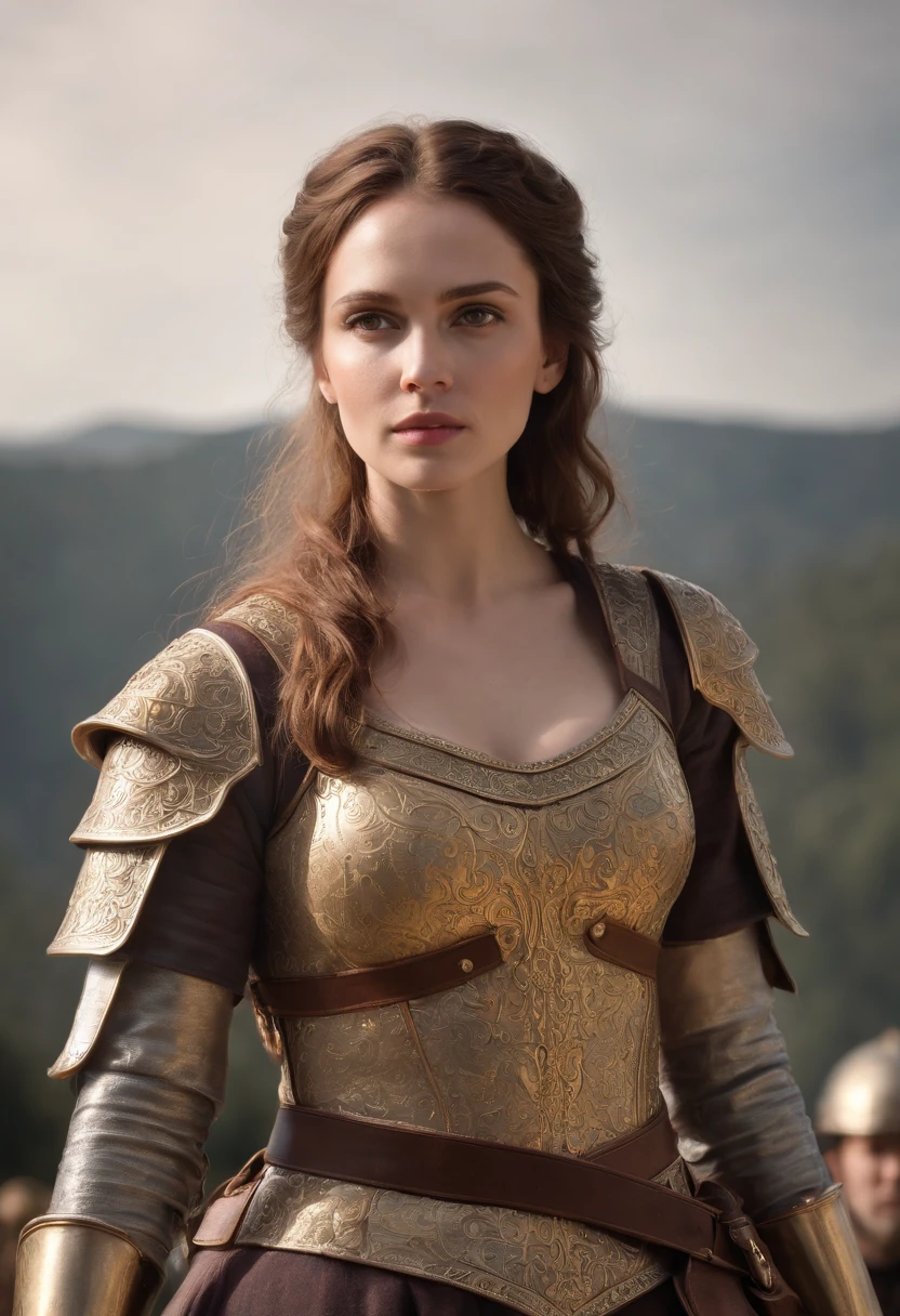 Royal Knights,Gorgeous heavy armor wraps the whole body,Point the Knight's Sword to the sky,sportrait,closeup cleavage,Solemn,flatchest,modest,humble,Cinematic, hdr, primitive, Intricate, High quality, Gorgeous shades, Intricate details, super-fine,oc rendered