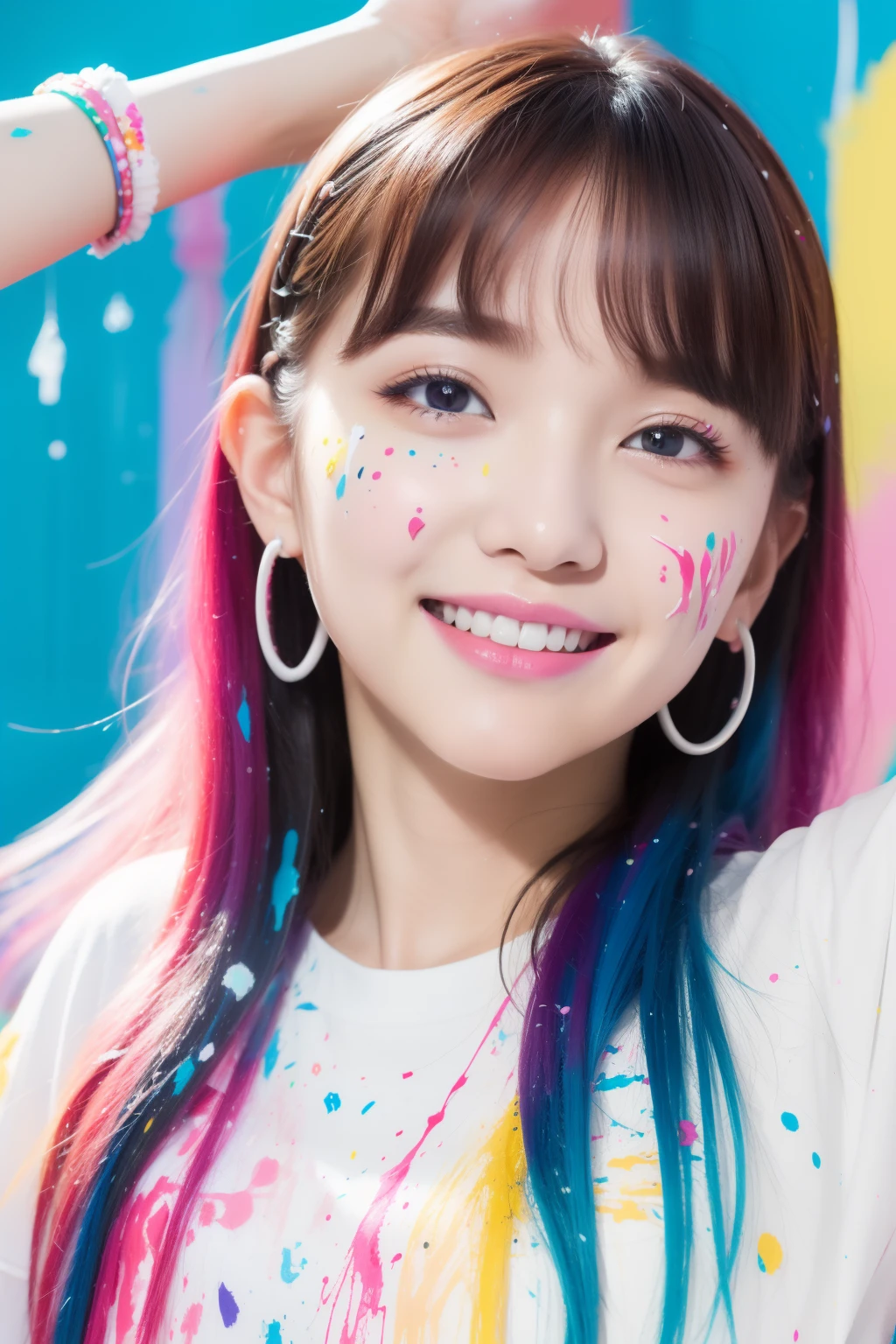 （top-quality、8K、32K、​masterpiece）Background splattered with colorful paint、Idol、Looks fun、Hair is also colorful、Paint is also splattered on clothes