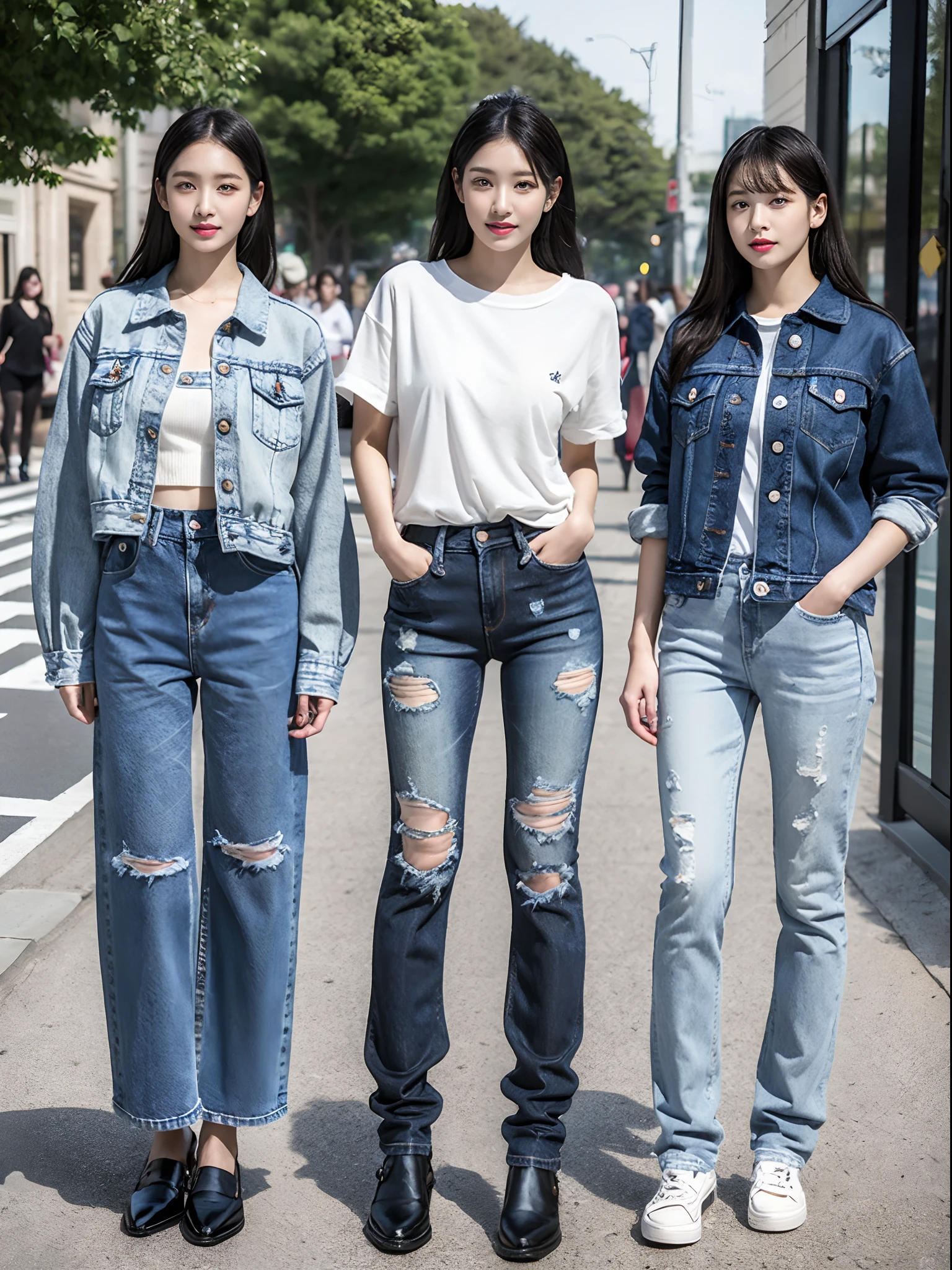 (RAW photo:1.2), (Photorealistic:1.4),Beautiful detailed woman,very detailed eyes and faces, A detailed eye, ultra - detailed, A high resolution, The is very detailed,best qualtiy,illustratio,unified,8k 壁纸,tmasterpiece,best qualtiy,A group of young women standing side by side in skirts, casual clothing style, casual modern clothing, blackpink, modern casual clothing, wearing casual cloths, female human body whole body, ( ( ( wearing denim ) ) ), Fashion clothing, photoshoot, wearing black clothes, wearing casual cloths,Nice shoes