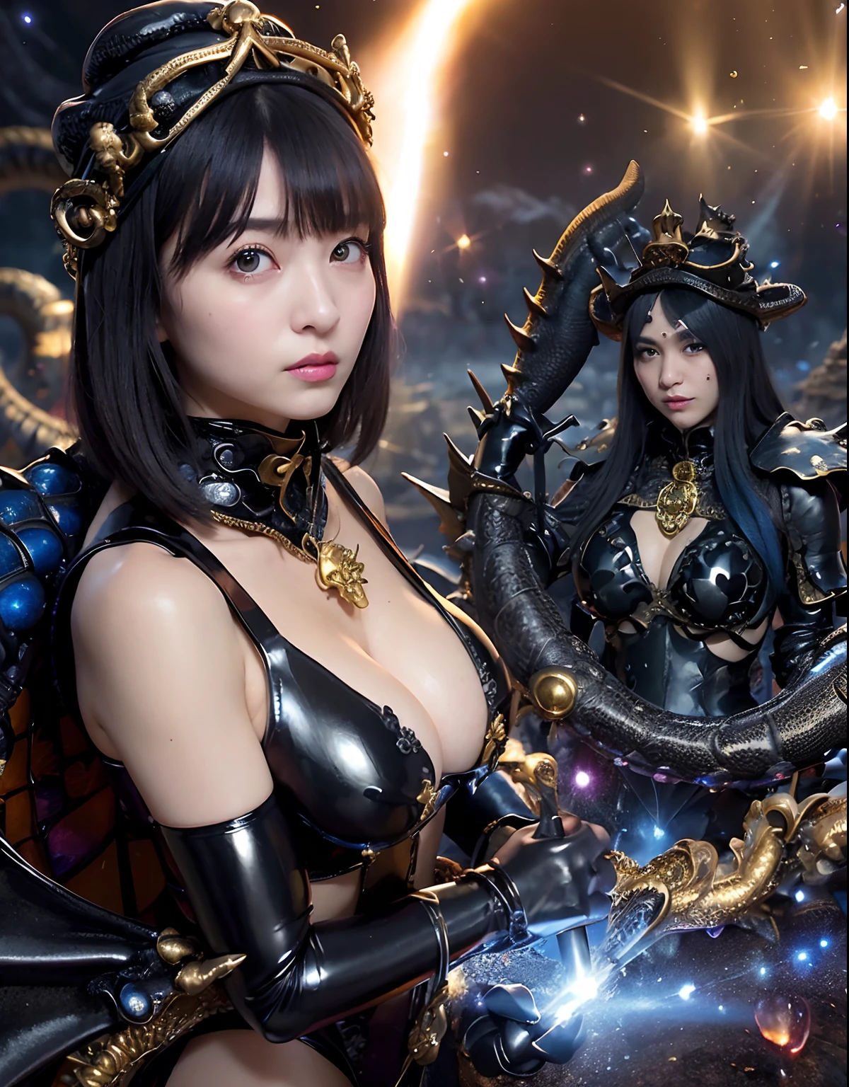 ((World of Darkness)),Professional , ​masterpiece、top-quality、photos realistic , depth of fields 、(((With a magic wand of gems))),（Dragon Black Metal Body:1.9),(latex black-blue、（cleavage of the breast）（Fight dragons）、、(((Particles of light))),（Micro Bikini Armor:1.7),Gorgeous gold weapons ,（Fight dragons）、Seductive look、（blood splattere、（(((With a magic wand))), ） , (((Wearing a black latex wizard hat))),（demonic wings）   ,（（a blond））、（Castle background）、（（Gangle's forest background））、Beautiful Caucasian beauty、１a person、dynamic ungle,(((Detailed and ornate dragon wizard hat)))、Smaller head、A smile、Castle background、Thin and beautiful female hands、cleavage of the breast、Soldier in iron armor on background、Mystical expression、Light Effects、intense fighting、Wind-effect、magic circles、With the legendary magic wand、Dragon's tail、explosions、Toostock、Toostock、