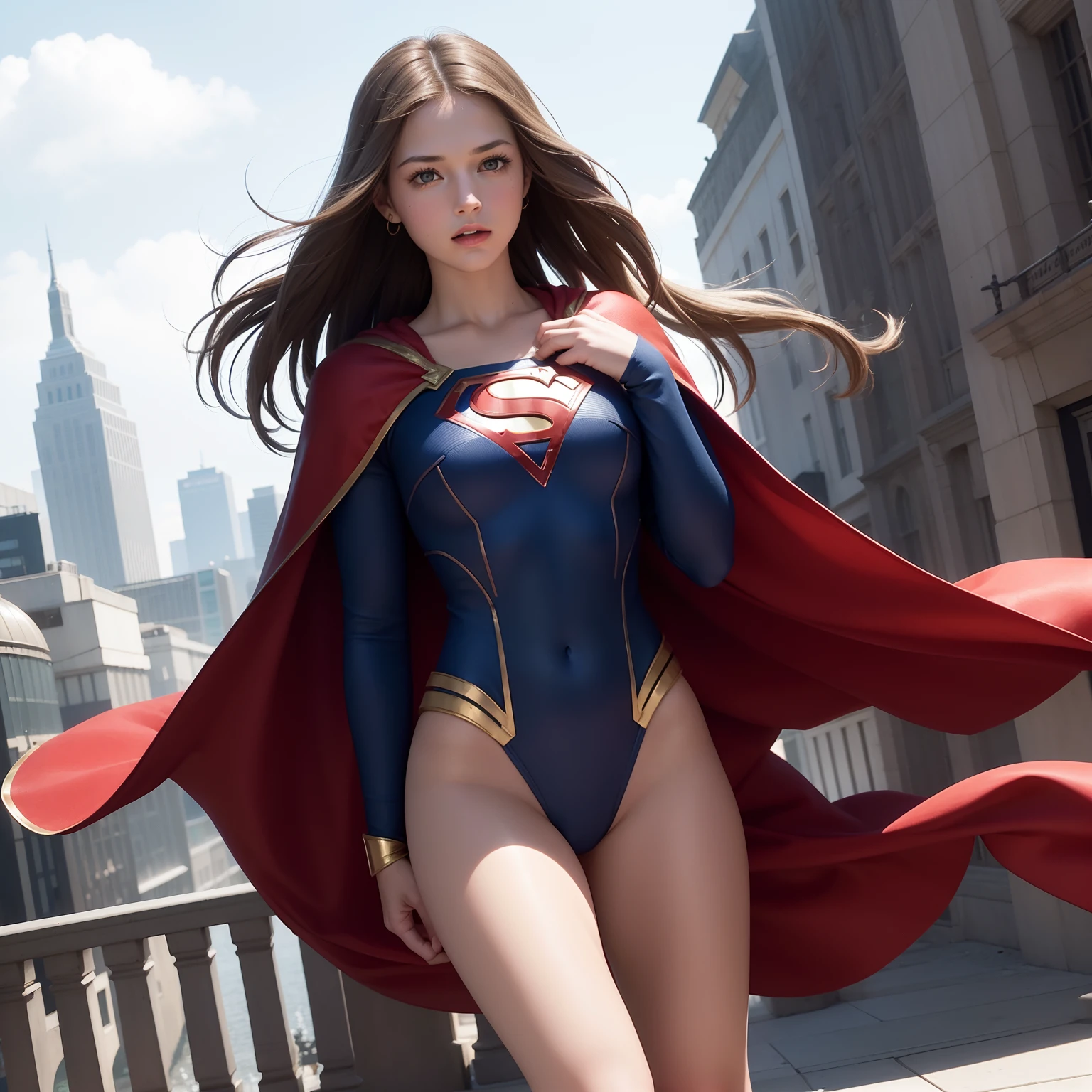 (masterpiece, best quality, photorealistic, cinematic, ultra-detailed, 8k), ((wide shot, full body)), 1 girl, Produce a high-quality artwork with a focus on capturing Melissa Benoist as Supergirl in stunning detail. Render the artwork with precision, striving for a photorealistic portrayal.

Highlight Supergirl's iconic costume: a vibrant blue bodysuit with a bold "S" emblem on her chest, a flowing red cape, and golden accents. Ensure that the suit showcases her strength and grace.

Emphasize Melissa Benoist's warm and confident expression, reflecting Supergirl's unwavering dedication to justice and compassion.

Incorporate a dynamic and heroic pose that illustrates Supergirl's power and readiness for action.

Set the scene against a cityscape or a clear sky, with hints of her ability to fly and protect the world.