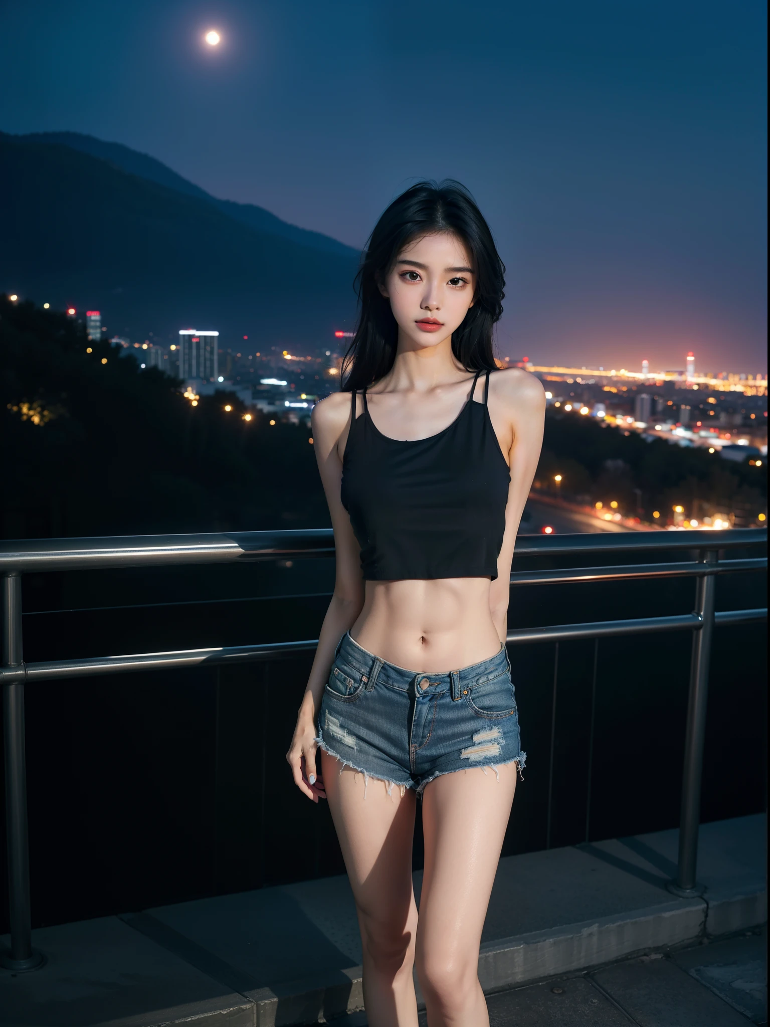 masterpiece, Best Quality, Illustration, Ultra-detailed, finely detailed, high resolution, 8K Wallpaper, Perfect dynamic composition, Beautiful detailed eyes, (masterpiece:1.2), ultrarealistic, photo of 18 yr old Girl in loose cropped dark tank top with dark denim short shorts and brightly colored sneakers, 1 girl, long straight jet black hair, whole body, beautiful, perfect proportions, slim slender body, perfect breasts, KPop Idol, South Korean Beauty standards, standing, midnight, background in a hilltop overlooking the night city scape