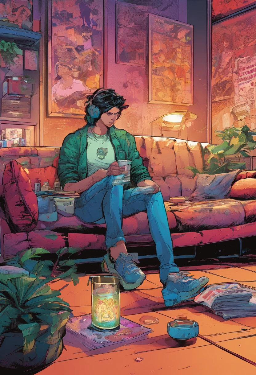 Cyberpunk style、inside in room、sofa、The table、alcohol