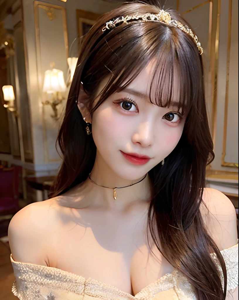 ((Wearing gold elegant solid off shoulder evening dress)), Tiara on the head ,((Best Quality, 8K, masutepiece :1.3)), (Whole body), Sharp Focus :1.2, A pretty woman with perfect figure :1.4, Slender Abs :1.2, ((dark brown hair, Big breasts :1.2)), (the royal palace:1.1), Highly detailed face and skin texture, Detailed eyes, 二重まぶた ,Lovely smile,Perfect limbs,a choker