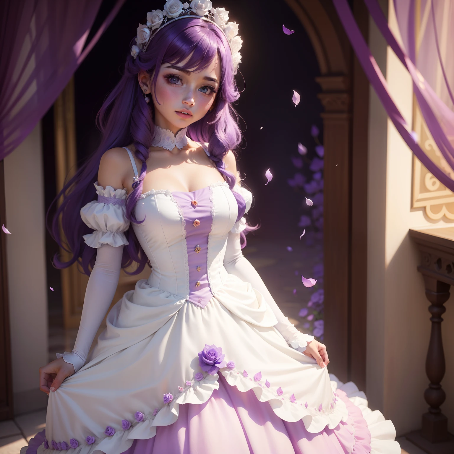 Princesa guapa de Disney tumbada con un vestido de encaje muy intrincado de color blanco. All covered in purple rose petals