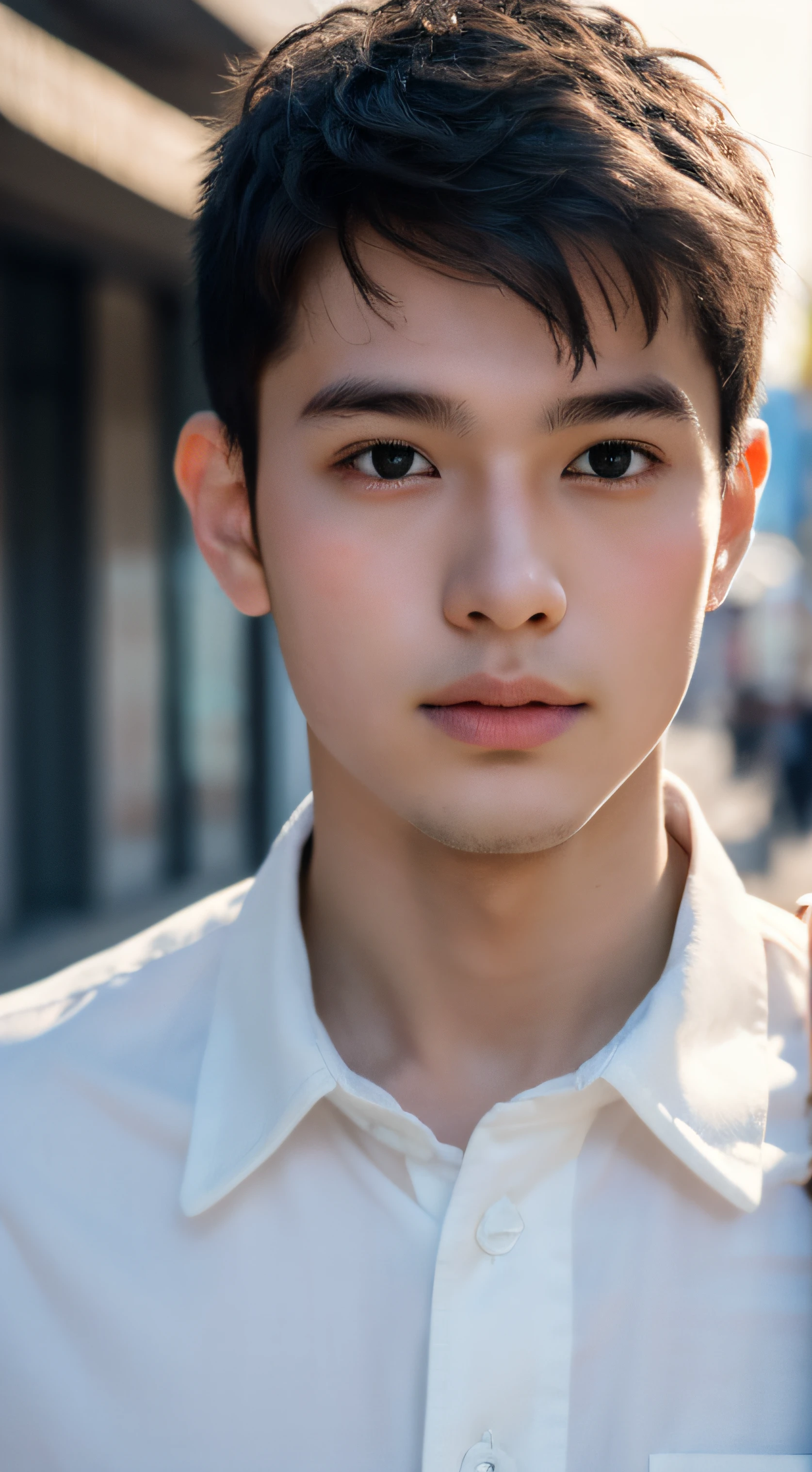 Raw photography, 1boy, Male Focus, Young man in white shirt, hair messy, Looking at Viewer, in a street, Beautiful lighting, deepshadow, Best Quality, masutepiece, Ultra-high resolution, Photorealsitic, Blurry background、japanes