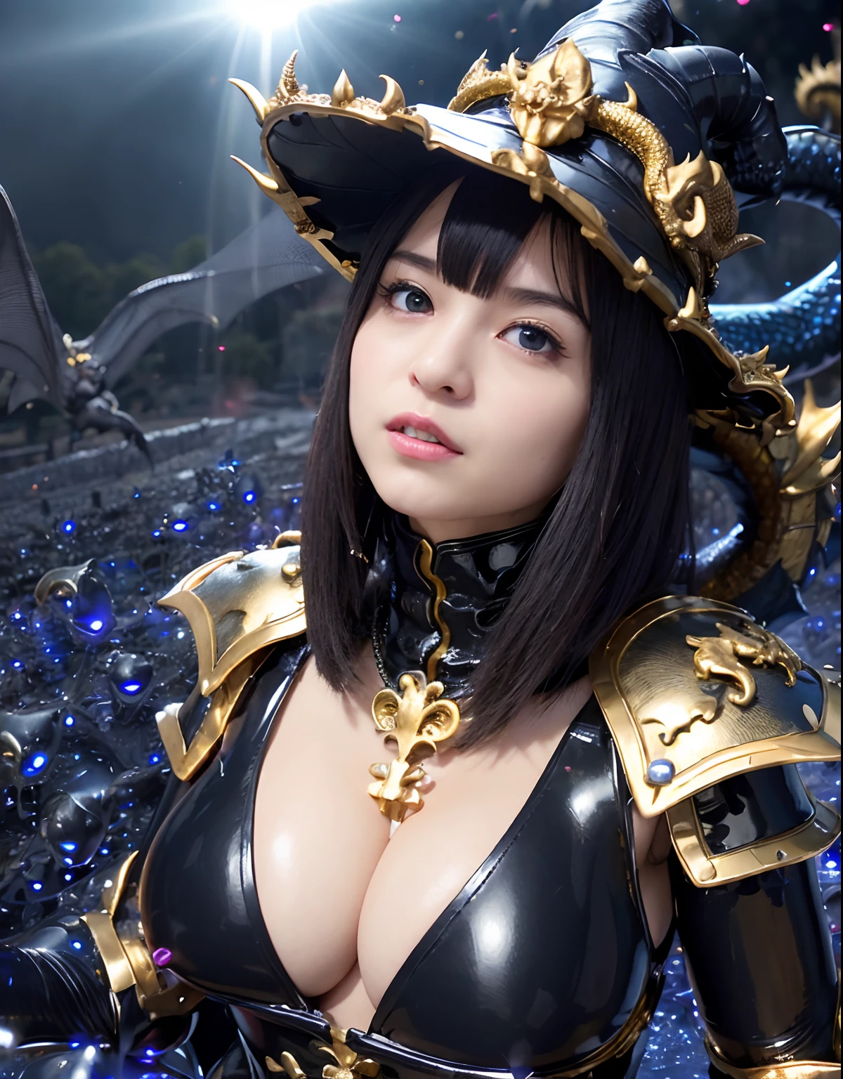 ((World of Darkness)),Professional , masterpiece、top-quality、photos realistic , depth of fields 、(((With a magic wand of gems))),(Dragon Black Metal Body:1.9),(latex black-blue、(cleavage of the breast)(Fight dragons)、、(((Particles of light))),(Micro Bikini Armor:1.7),Gorgeous gold weapons ,(Fight dragons)、Seductive look、(blood splattere、((((With a magic wand))), ) , (((Wearing a black latex wizard hat))),(demonic wings) ,((a blond))、(Castle background)、((Gangle's forest background))、Beautiful Caucasian beauty、1a person、dynamic ungle,(((Detailed and ornate dragon wizard hat)))、Smaller head、A smile、Castle background、Thin and beautiful female hands、cleavage of the breast、Soldier in iron armor on background、Mystical expression、Light Effects、intense fighting、Wind-effect、magic circles、With the legendary magic wand、Dragon's tail、explosions、Toostock、Toostock、