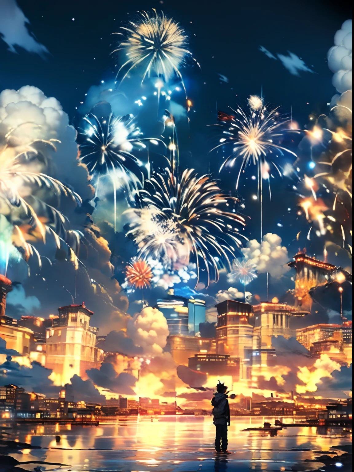 sky, fireworks, scenery, cloud, outdoors, horizon, ocean, 1man, water, solo, blue sky, cloudy sky, reflection, summer, standing, (illustration:1.0), masterpiece, best quality,