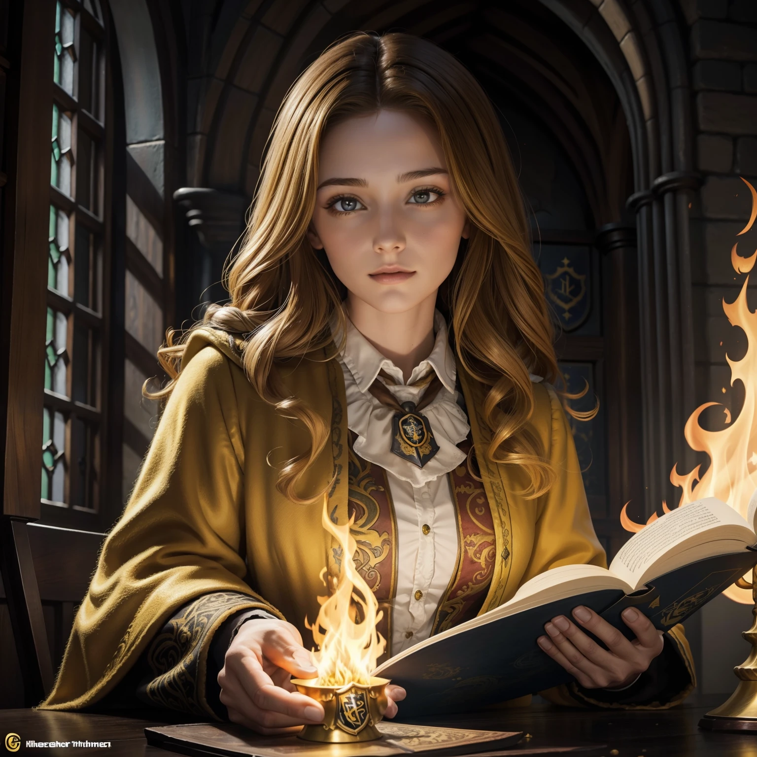 28 Jahre,a beautiful young woman, lange braune geflochtene Haare, Hogwarts Haus Huffelpuff, langer gelber Umhang,(tiefer ausschnitt) (tiefes dekoltee) (sexy Hogwarts Nachthemd), goldene Dachskette um den Hals, Hogwarts im Hintergrund, holds yellow fire in his hand, Hand brennt gelb,(Frontal)