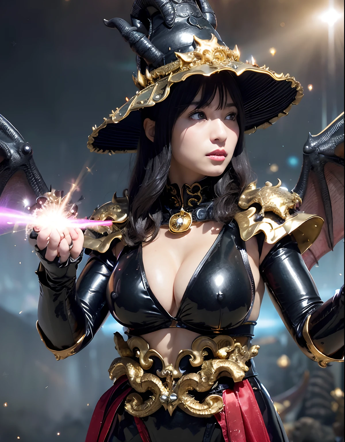 ((World of Darkness)),Professional , masterpiece、top-quality、photos realistic , depth of fields 、(((With a magic wand of gems))),(Dragon Black Metal Body:1.9),(latex black-blue、(cleavage of the breast)(Fight dragons)、、(((Particles of light))),(Micro Bikini Armor:1.7),Gorgeous gold weapons ,(Fight dragons)、Seductive look、(blood splattere、((((With a magic wand))), ) , (((Wearing a black latex wizard hat))),(demonic wings) ,((a blond))、(Castle background)、((Gangle's forest background))、Beautiful Caucasian beauty、1a person、dynamic ungle,(((Detailed and ornate dragon wizard hat)))、Smaller head、A smile、Castle background、Thin and beautiful female hands、cleavage of the breast、Soldier in iron armor on background、Mystical expression、Light Effects、intense fighting、Wind-effect、magic circles、With the legendary magic wand、Dragon's tail、explosions、Toostock、Toostock、