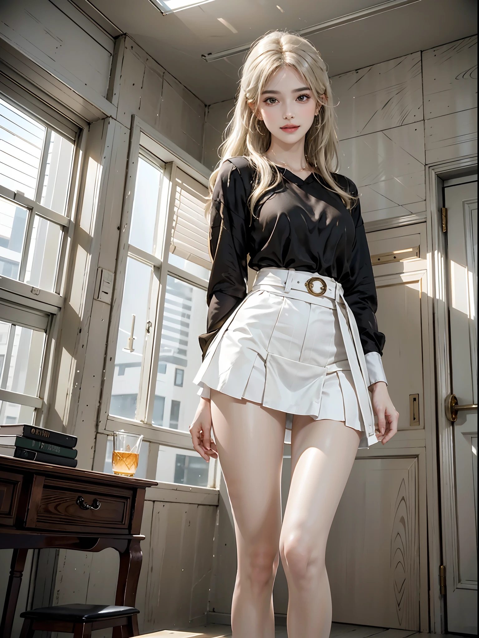((full body)), ((from side)), ((realistic)), 1girll, posed for photo, inside in room, desks, Stand up, Pleasing posture, amazing pose, pretty legs, looking at viewert, Detailed scenes, curlies, Air bangs, Beautiful hair accessories, Brownish-yellow hair, light make-up, Blushlush, Gloss on lips, ((White color blouse, black short skirt, Shiny belt)), (Campus style), warm lights, a warm color palette, Detailed details, ultra-detailliert, (tmasterpiece, best qualtiy), (An extremely delicate and beautiful work), Delicate earrings, Delicate necklace, Simple blurred background, Extreme detail description, Ultra-fine painting, Delicate face, slim toned body, (grin, happy grin, Baring teeth), (anatomy correct)