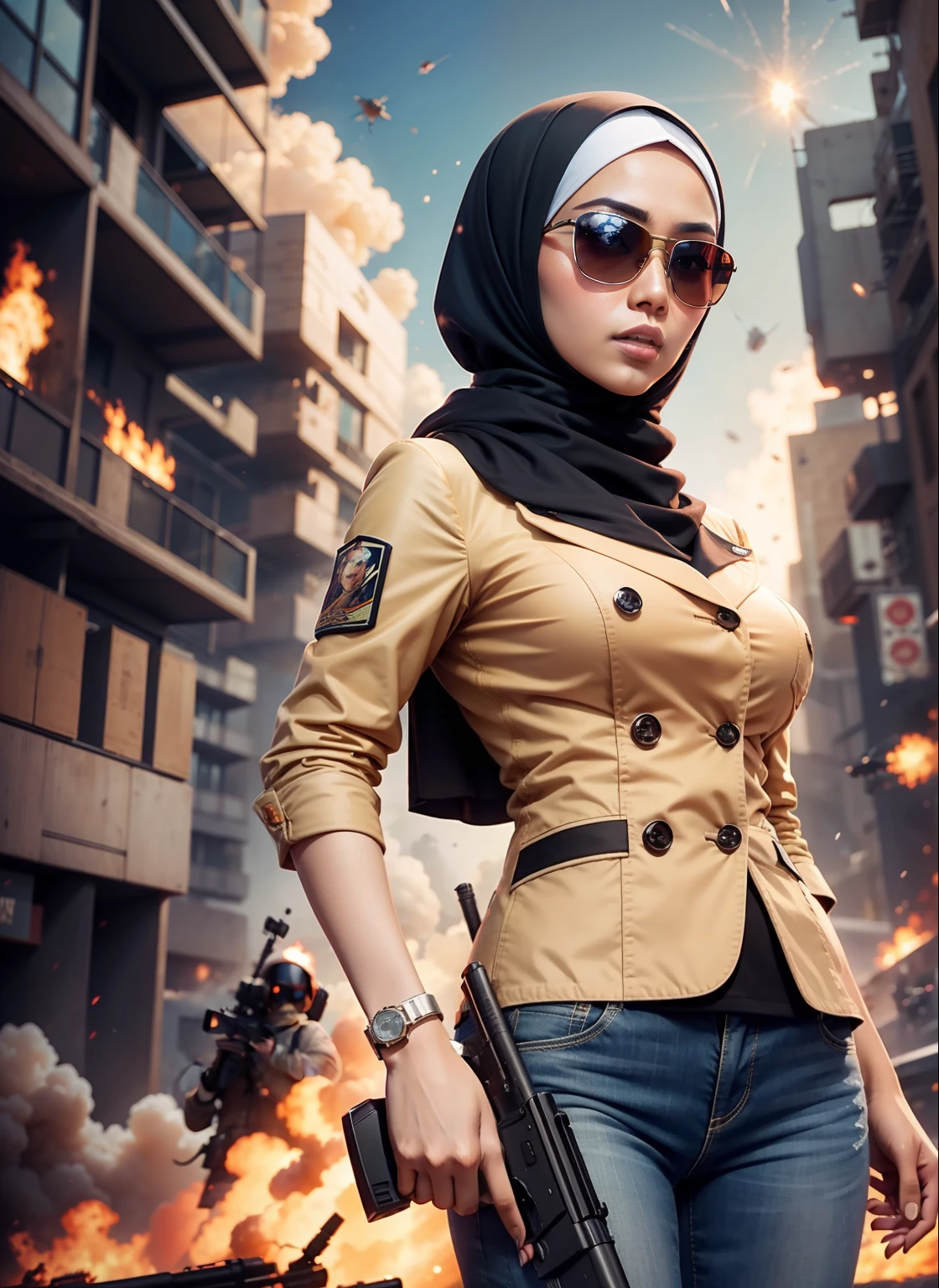 Medium breasted malay woman in hijab, sunglasses, sci-fi, with gun, explosions behind, movie poster